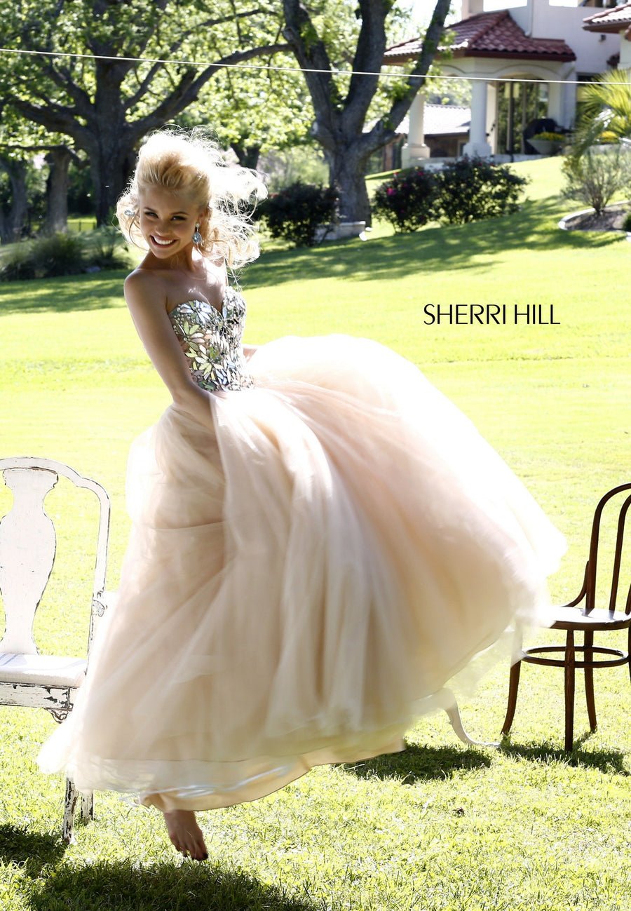 Sherri Hill style 21307 in nude, Strapless Tulle Ball Gown