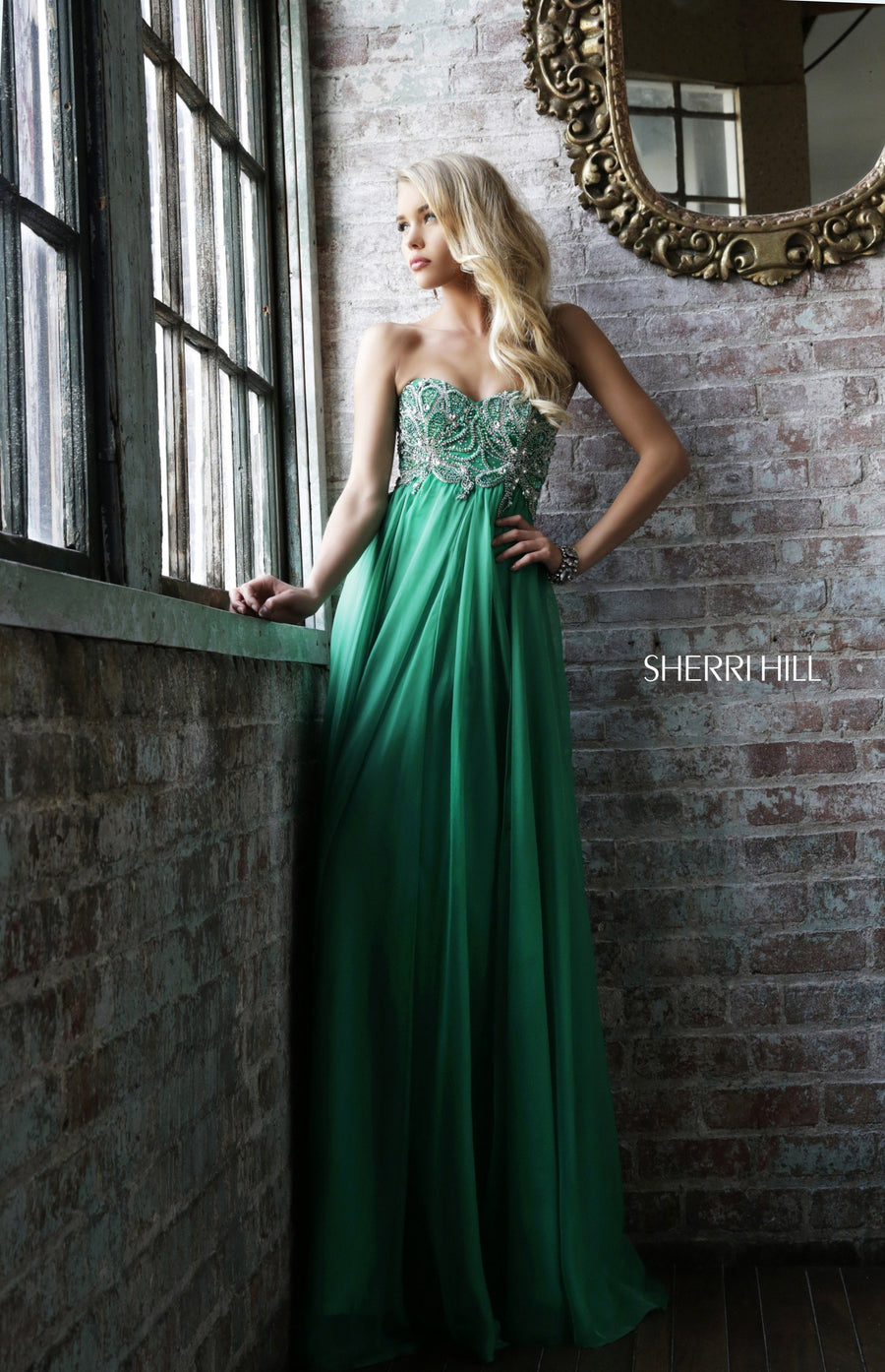 Sherri Hill style 3907 in coral, Strapless Chiffon Gown with Beaded Bodice