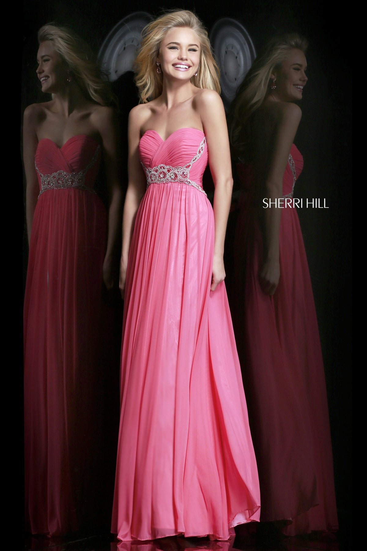 Sherri Hill 3904 one-shoulder beaded chiffon gown in strawberry
