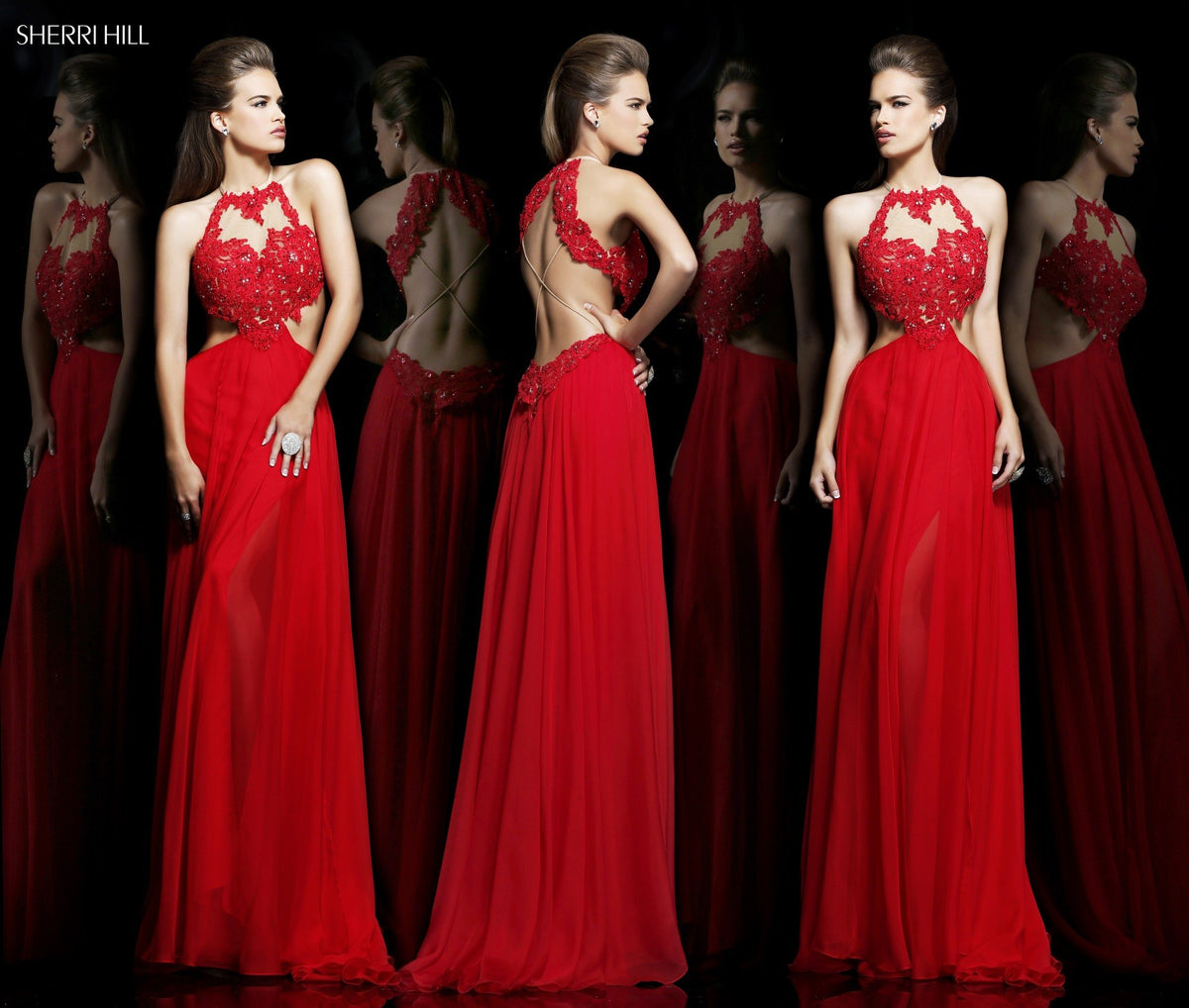 Sherri Hill 21309 halter beaded chiffon gown with cutout in red/nude