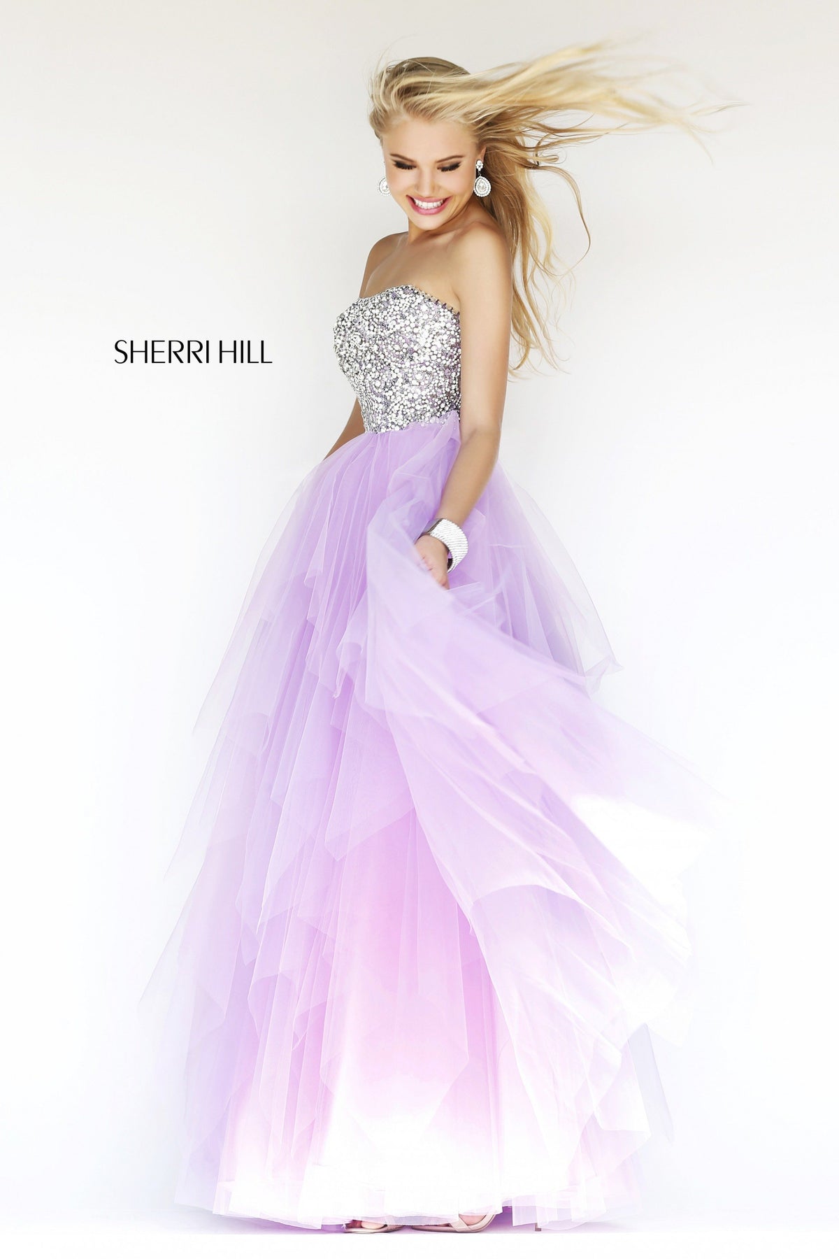 Sherri Hill 11085 strapless beaded tulle ball gown in purple