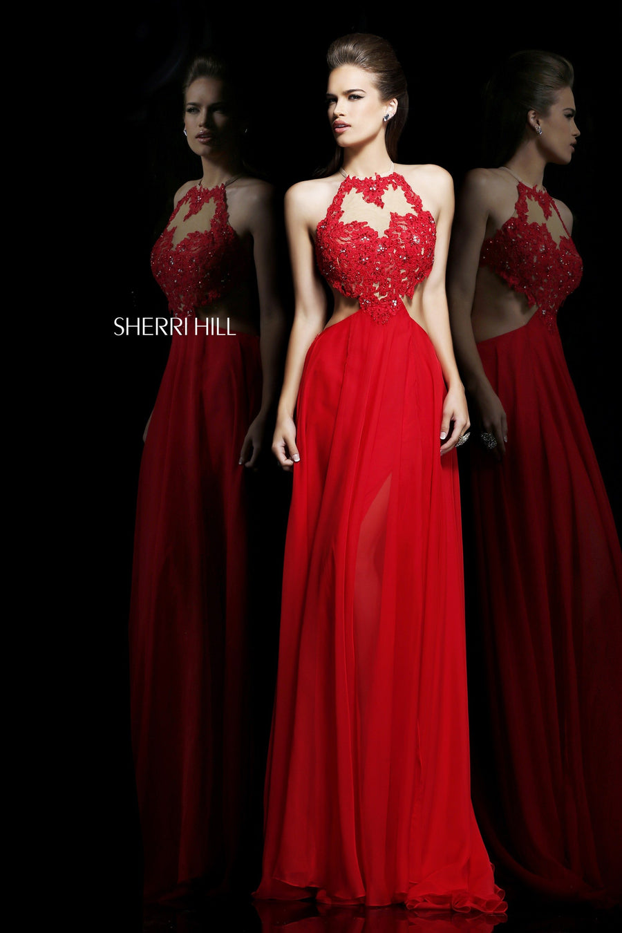 Sherri Hill style 21309 in red/nude, Halter Beaded Chiffon Gown with Cutout