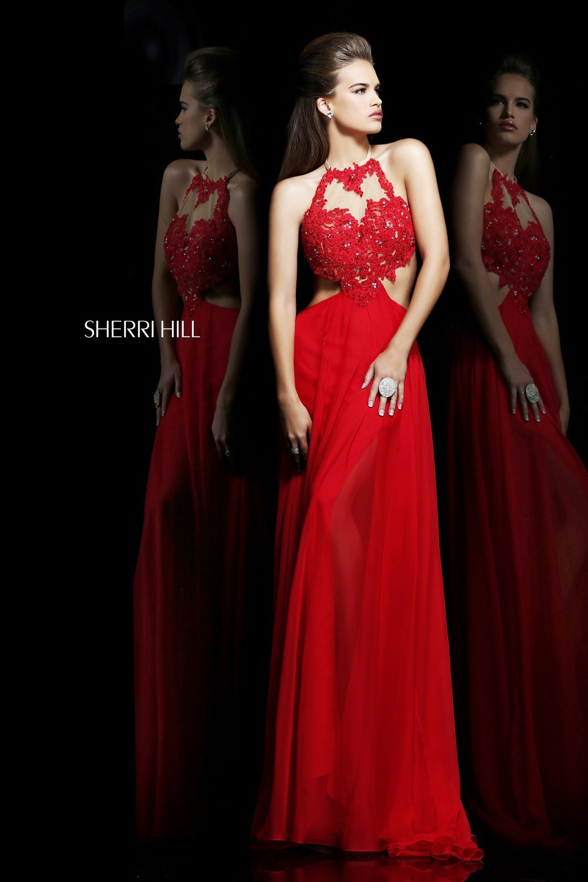 Sherri Hill 21309 halter beaded chiffon gown with cutout in red/nude