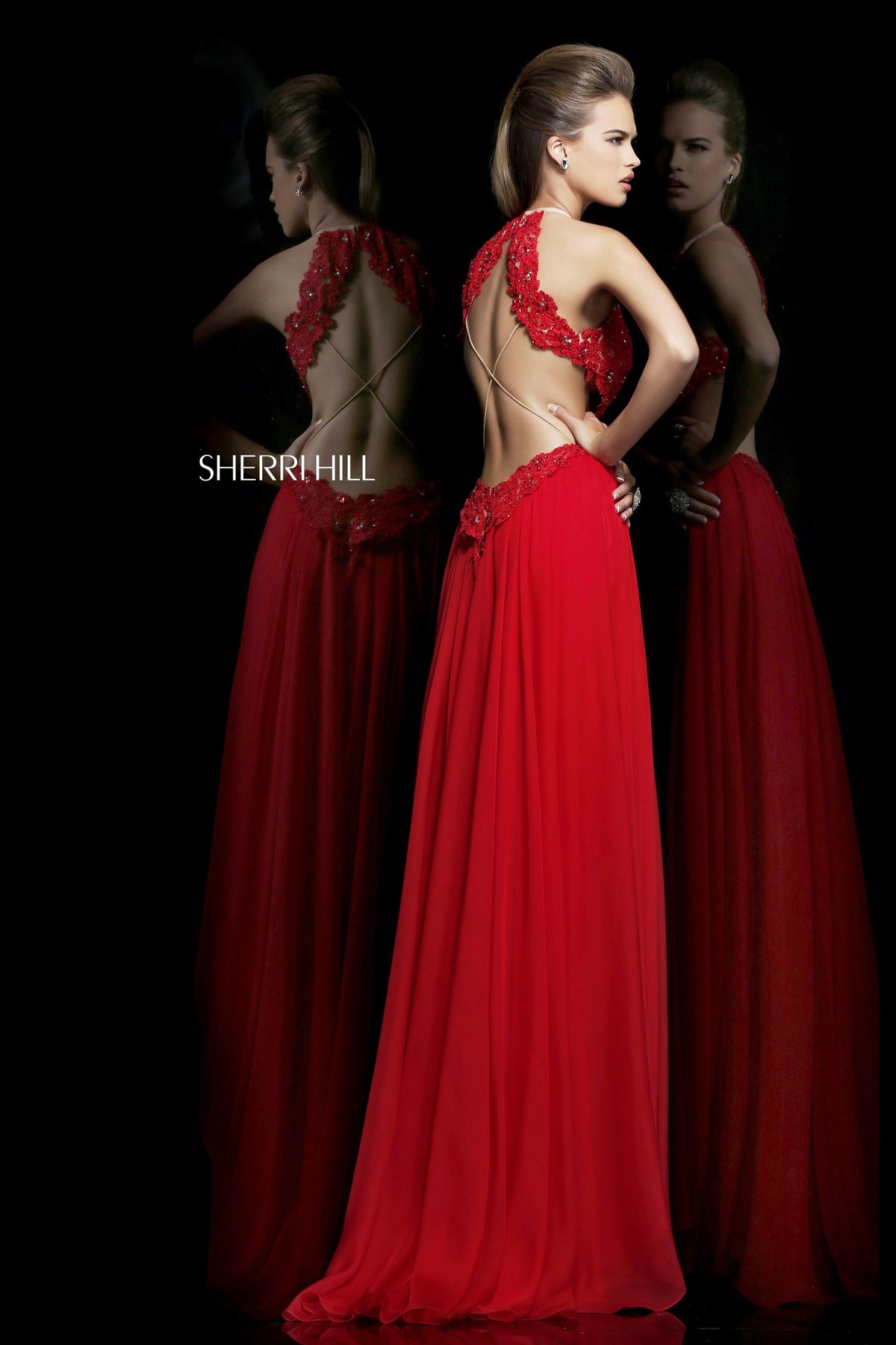 Sherri Hill 21309 halter beaded chiffon gown with cutout in red/nude