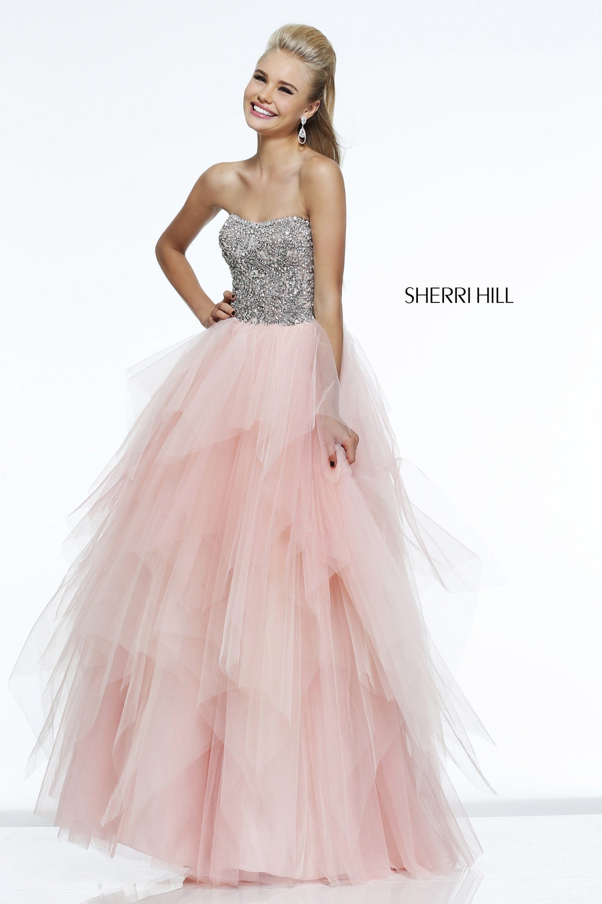 Sherri Hill 11085 strapless beaded tulle ball gown in blush