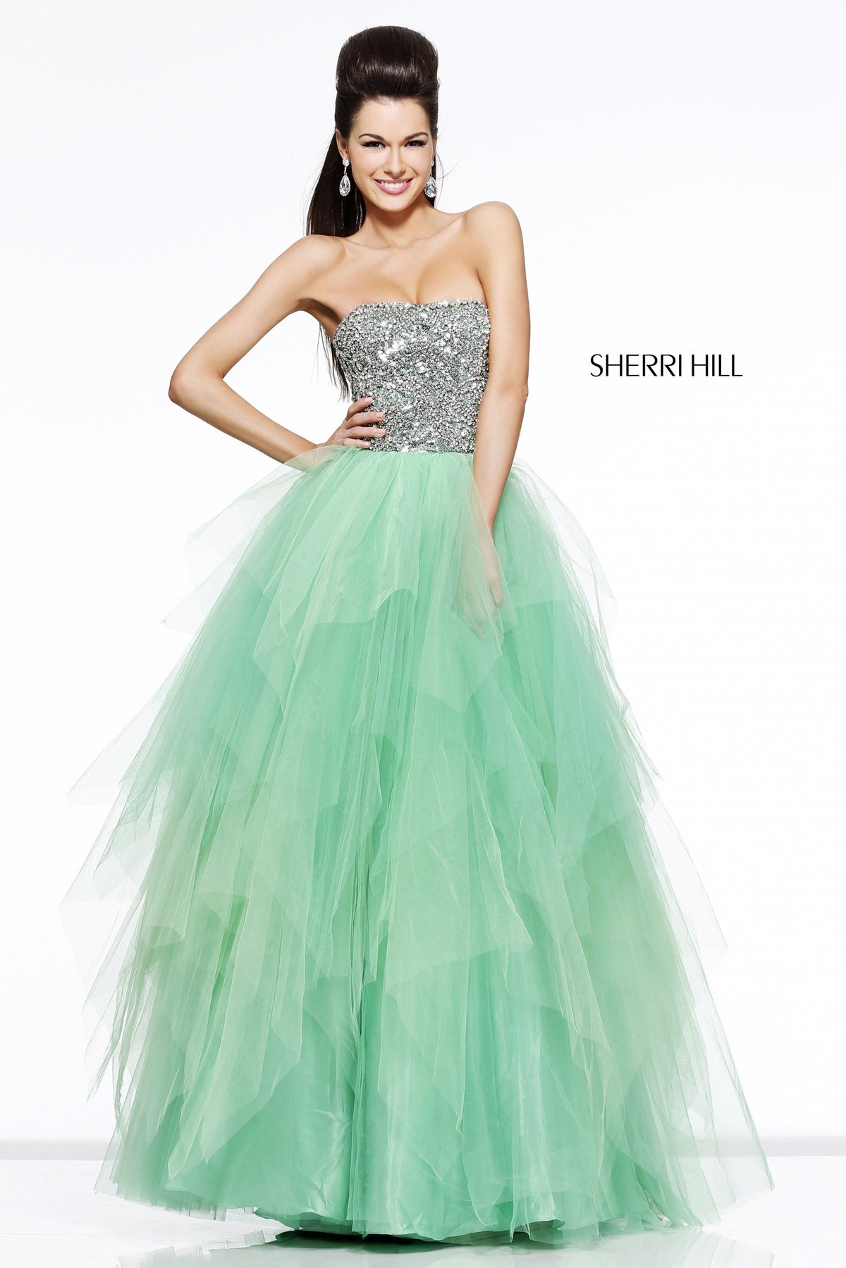 Sherri Hill 11085 strapless beaded tulle ball gown in green
