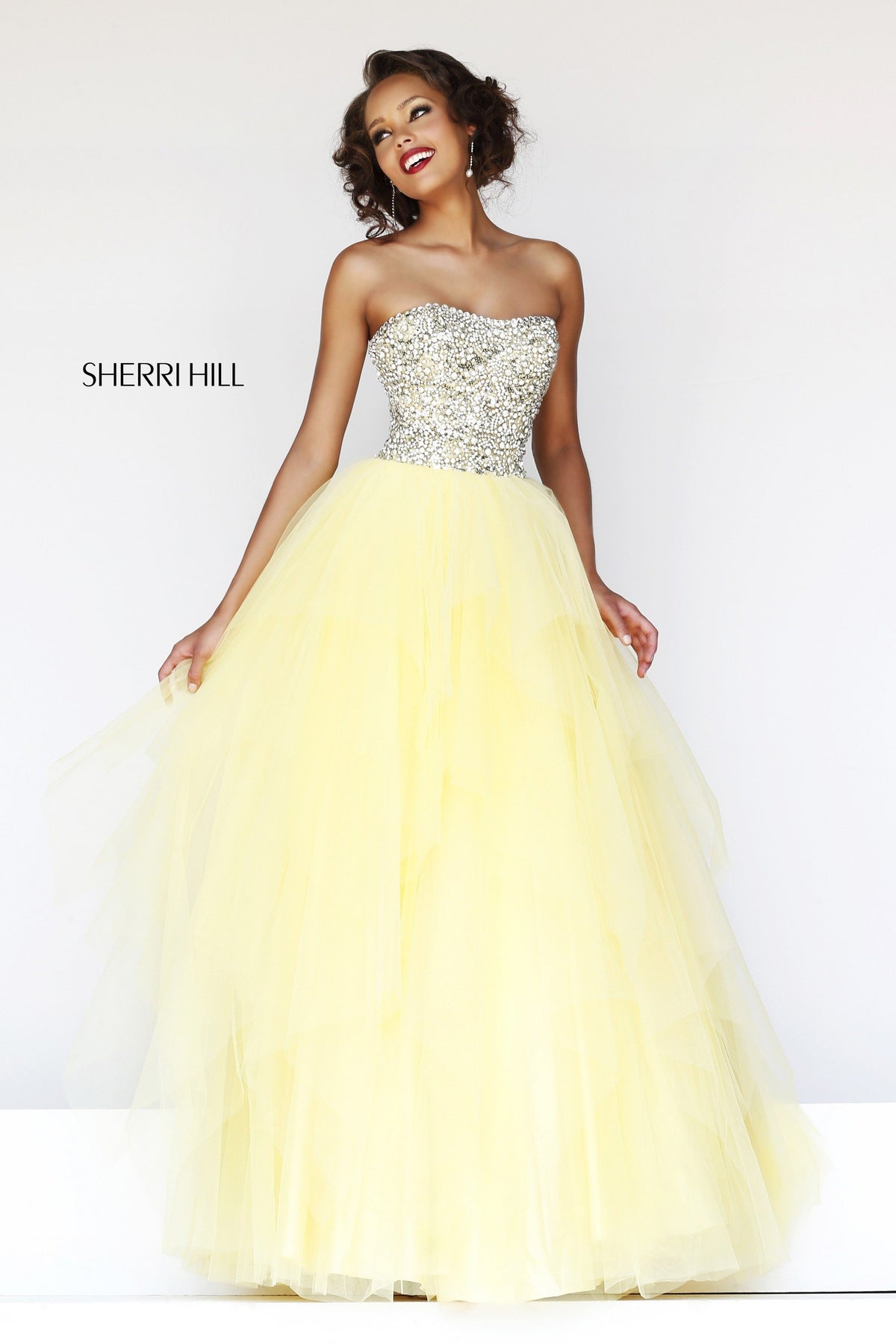 Sherri Hill 11085 strapless beaded tulle ball gown in yellow