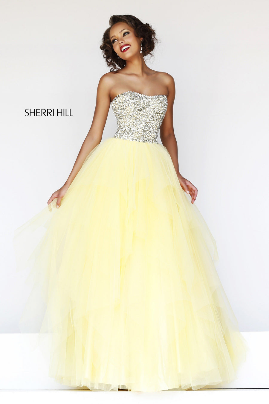 Sherri Hill style 11085 in aqua, Strapless Beaded Tulle Ball Gown