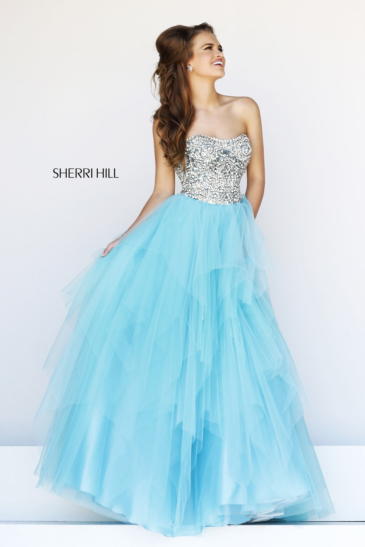 Sherri Hill 11085 strapless beaded tulle ball gown in aqua