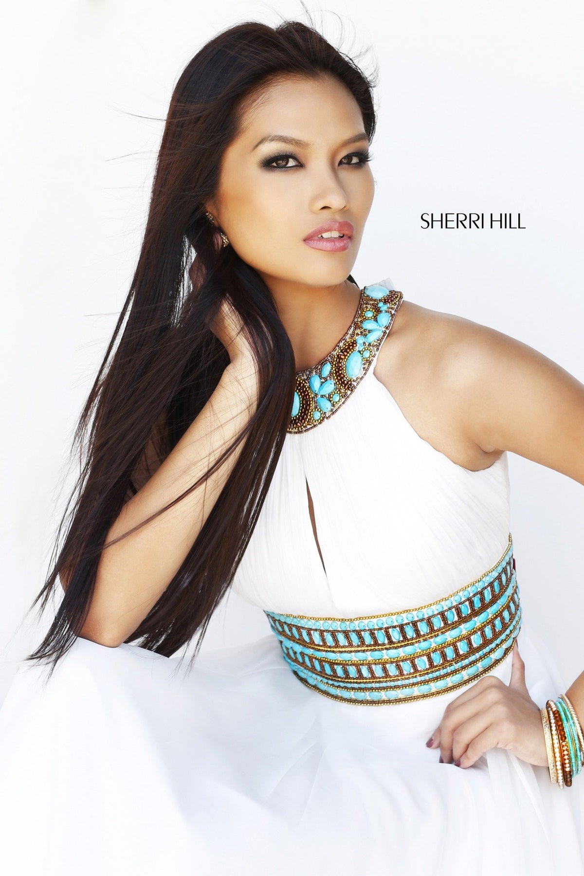 Sherri Hill 11086 halter chiffon gown with beaded neckline and waist
