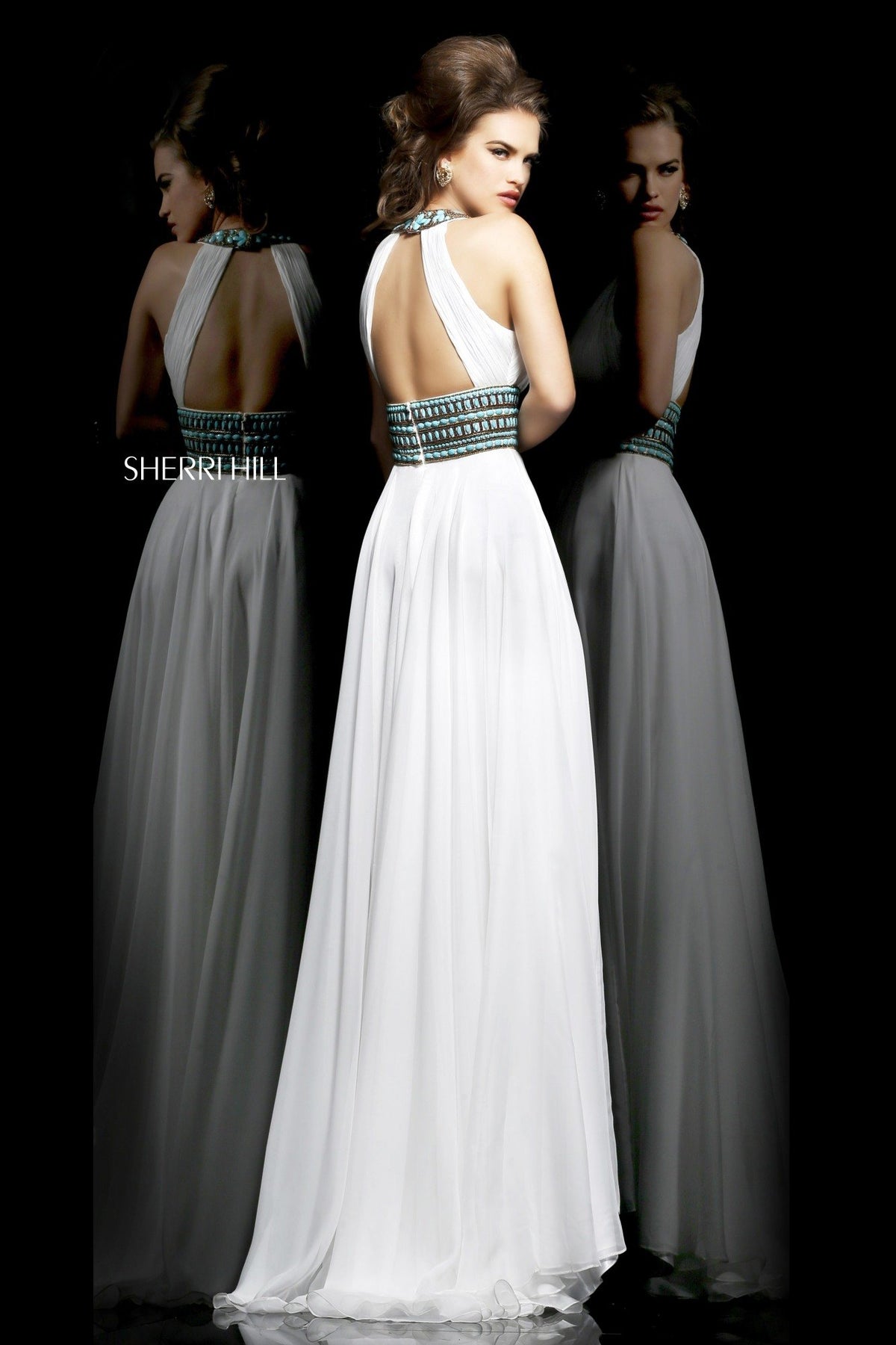Sherri Hill 11086 halter chiffon gown with beaded neckline and waist