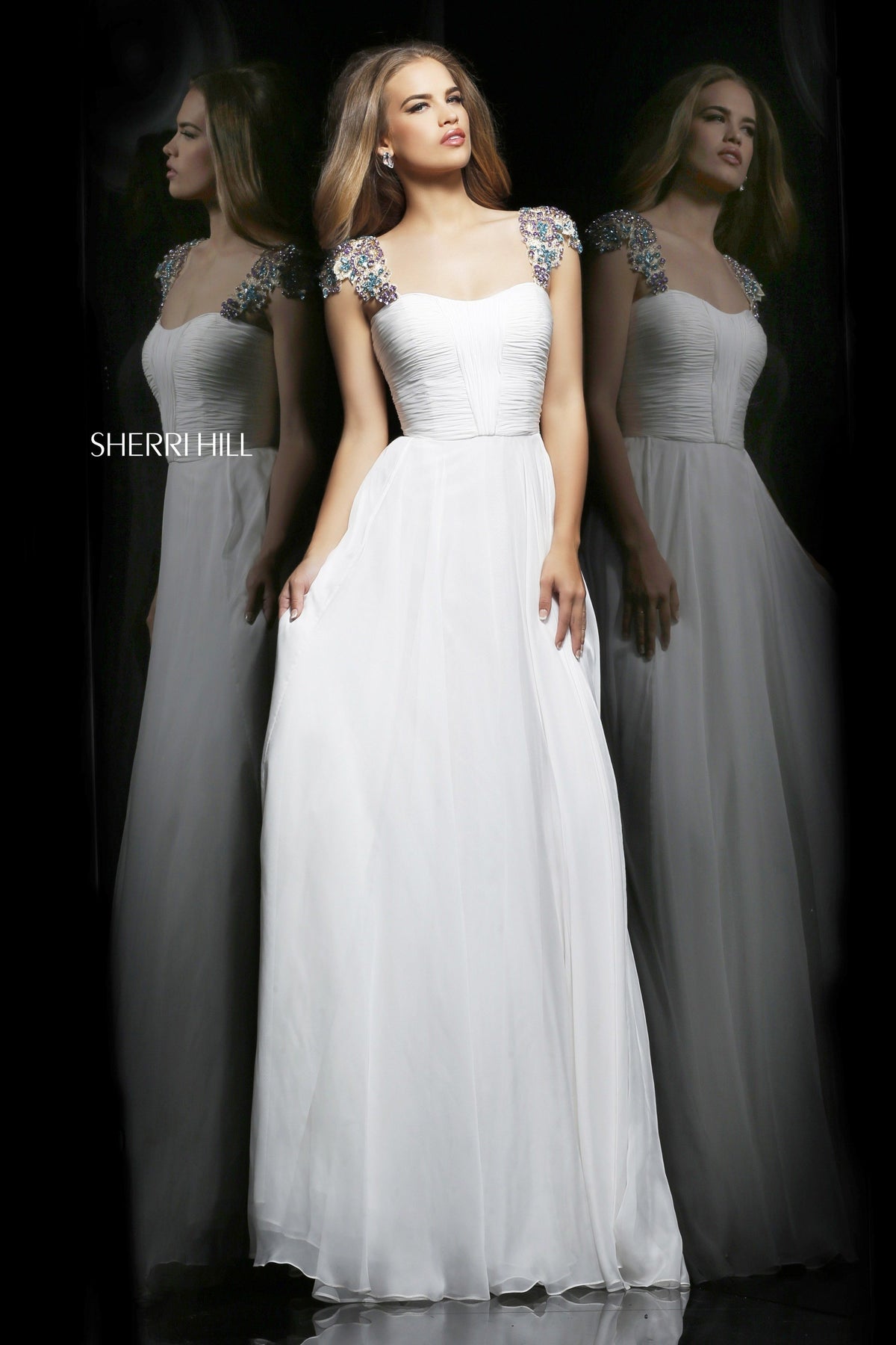 Sherri Hill 11087 cap-sleeve ruched chiffon gown in ivory/multi