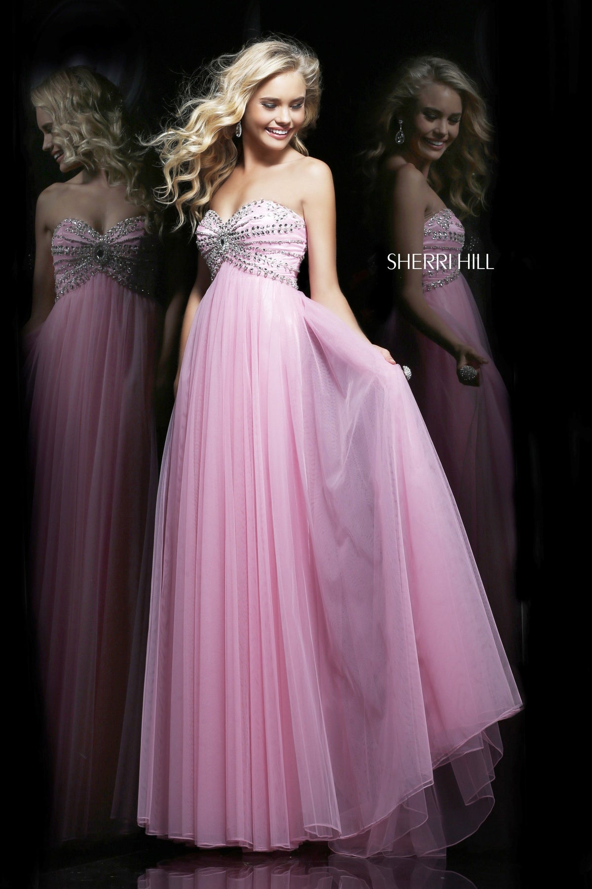 Sherri Hill 11089 beaded bodice chiffon gown in pink