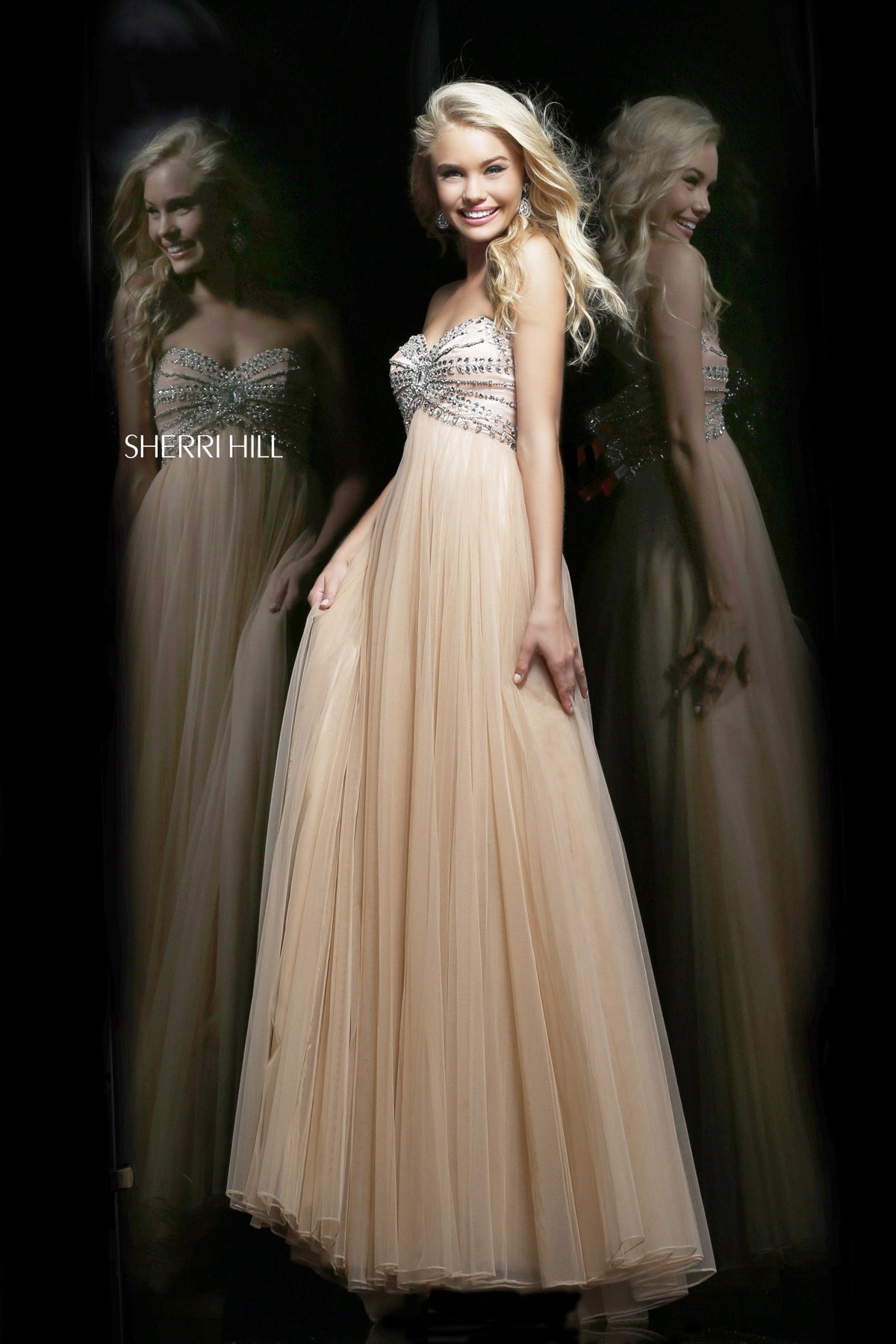 Sherri Hill 11089 beaded bodice chiffon gown in nude