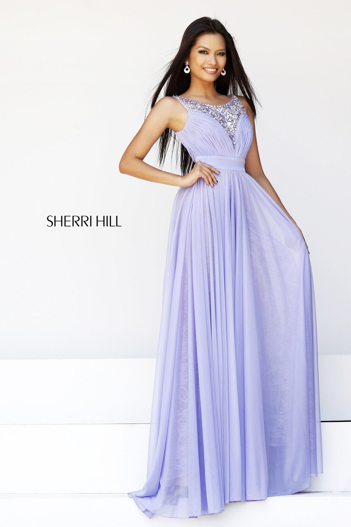 Sherri Hill 1552 beaded bodice chiffon gown in lilac