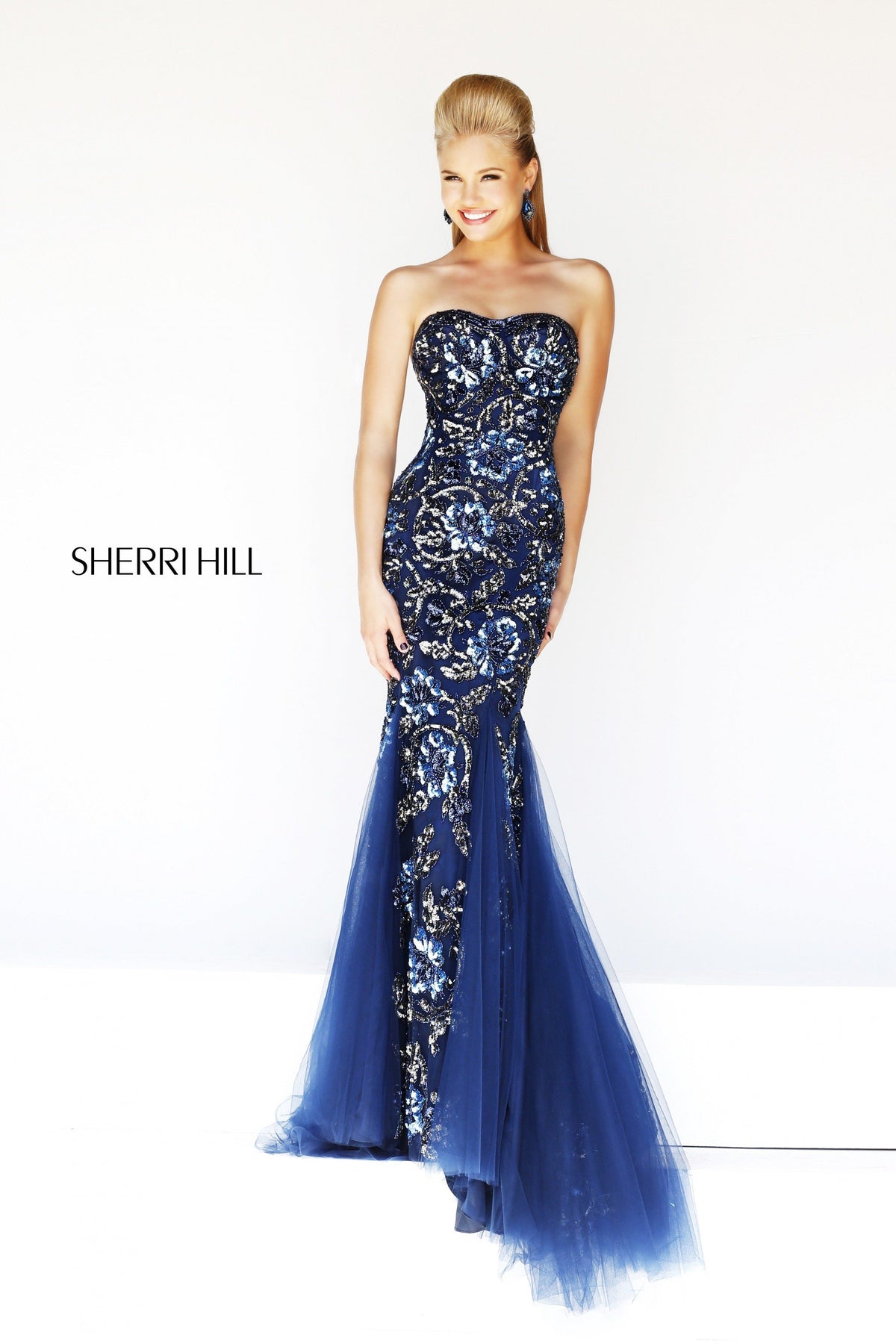 Sherri Hill 1708 strapless lace mermaid gown with tulle skirt in navy