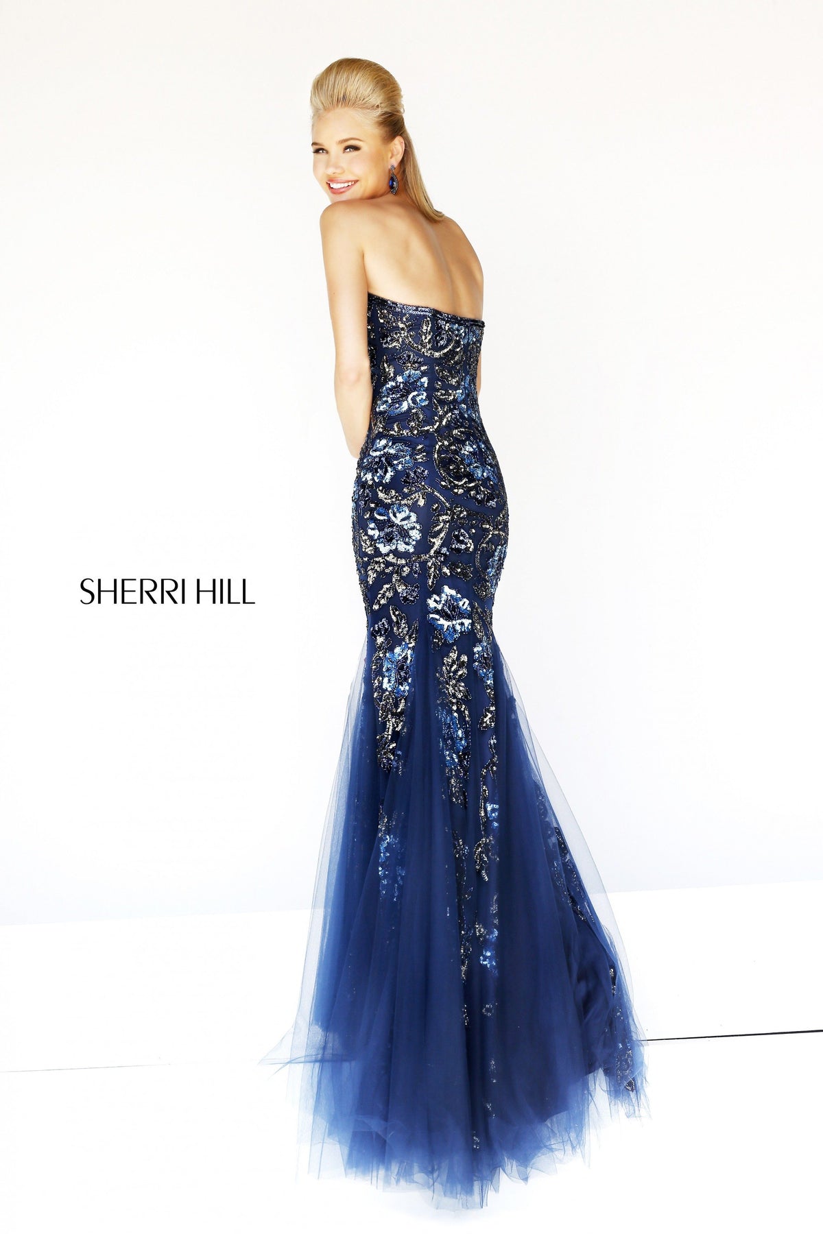 Sherri Hill 1708 strapless lace mermaid gown with tulle skirt in navy