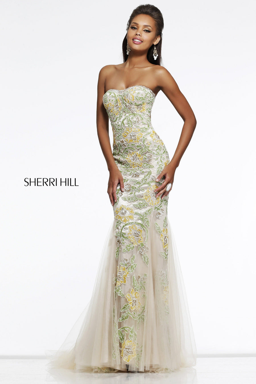 Sherri Hill style 1709 in nude/yellow, Strapless Beaded Mermaid Gown with Tulle Skirt