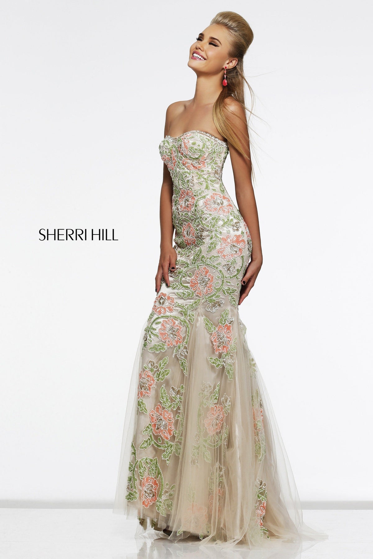Sherri Hill 1709 strapless beaded mermaid gown with tulle skirt in nude/coral
