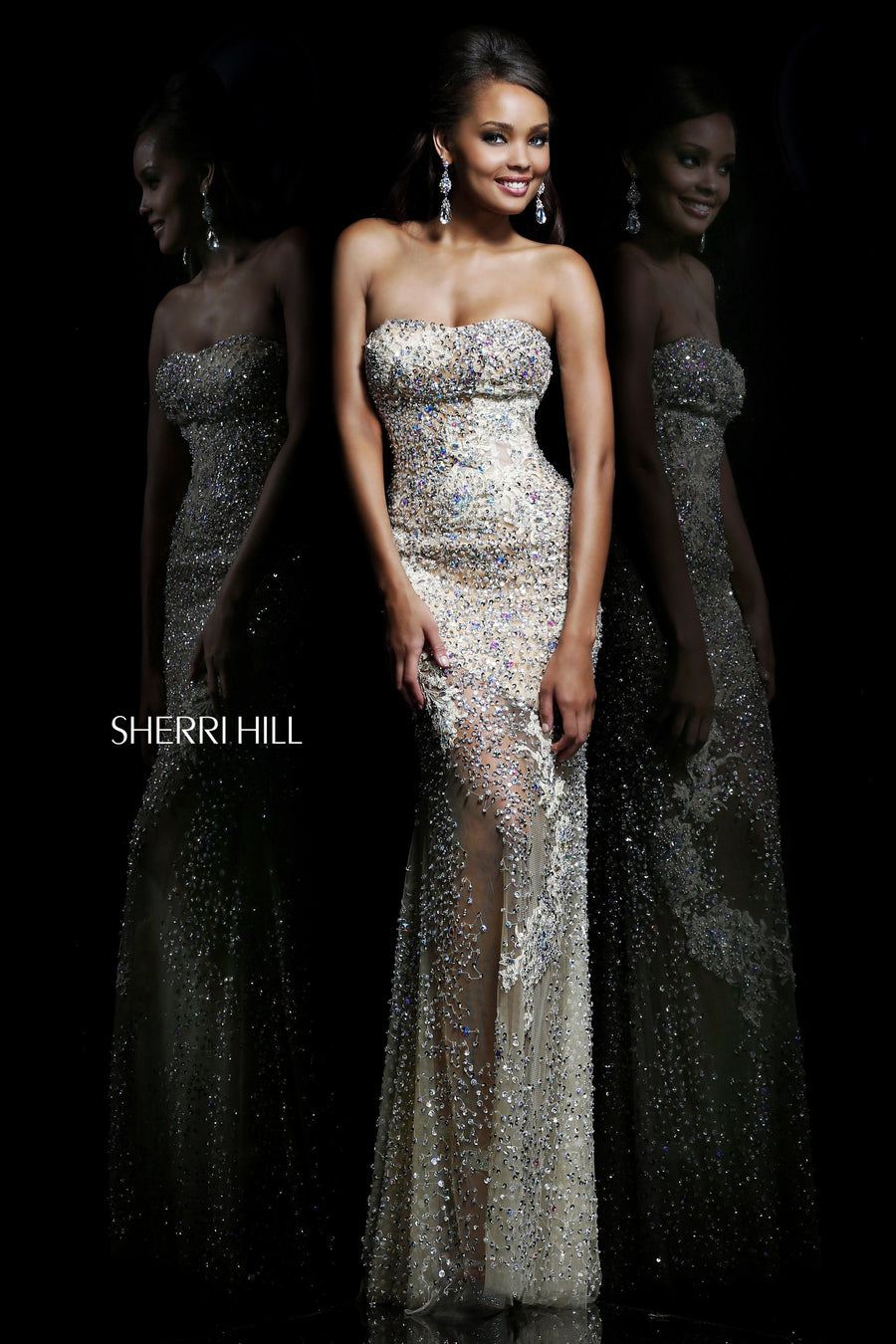 Sherri Hill style 1710 in nude/silver, Strapless Beaded Fitted Gown