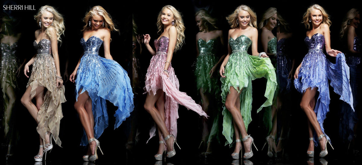 Sherri Hill 1922 strapless beaded high-low dress with feather skirt