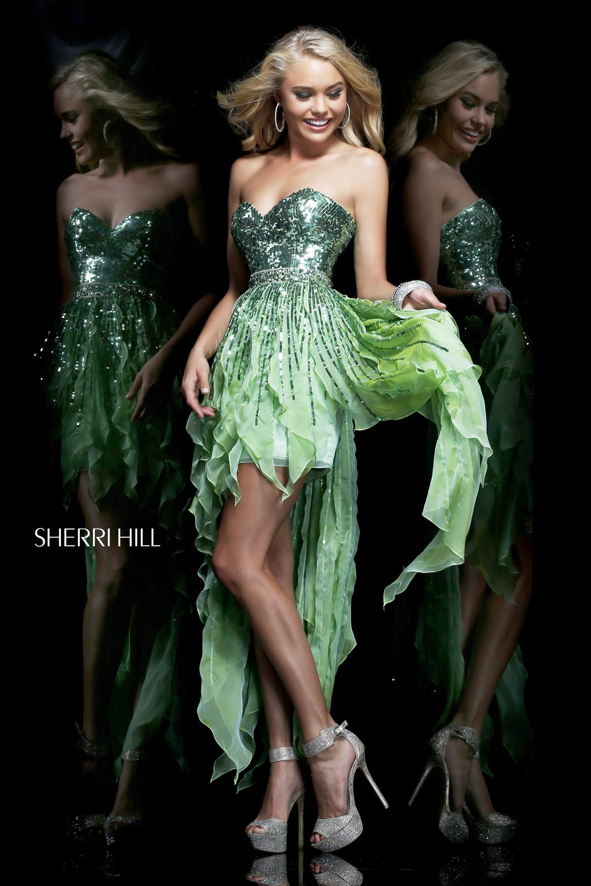 Sherri Hill 1922 strapless beaded high-low dress with feather skirt in green