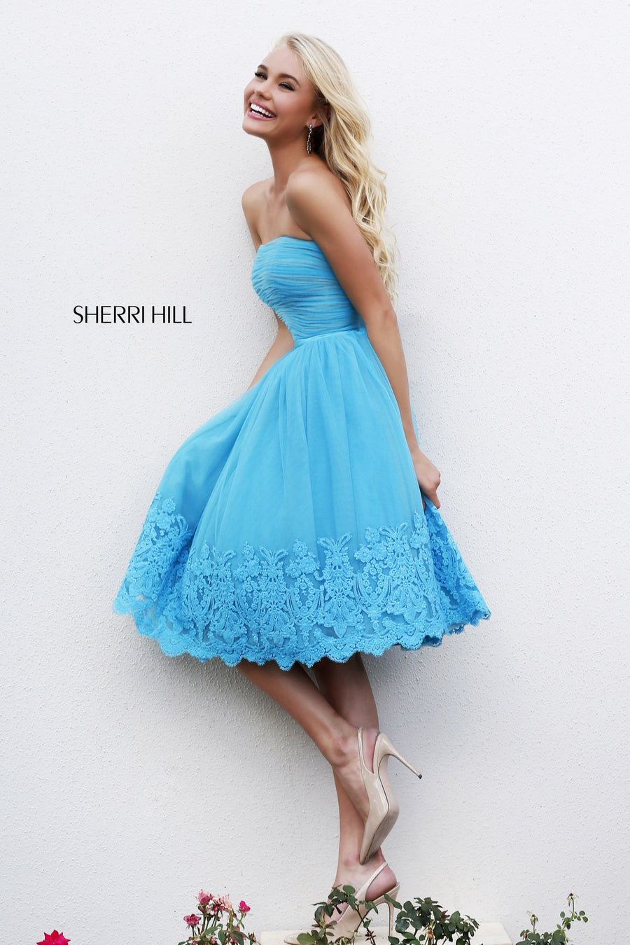 Sherri Hill style 11092 in ivory/black, Strapless Tea-Length Dress with Full Skirt