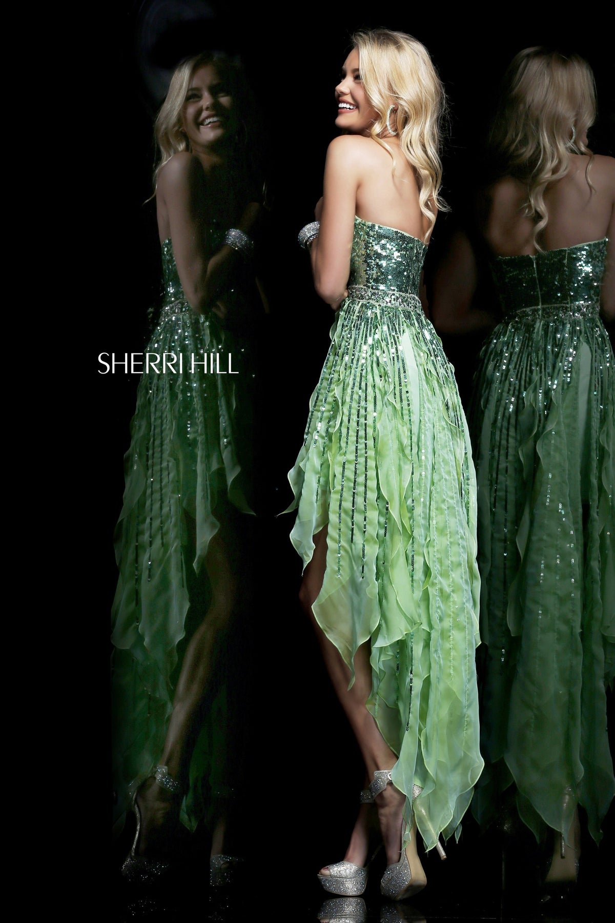 Sherri Hill 1922 strapless beaded high-low dress with feather skirt