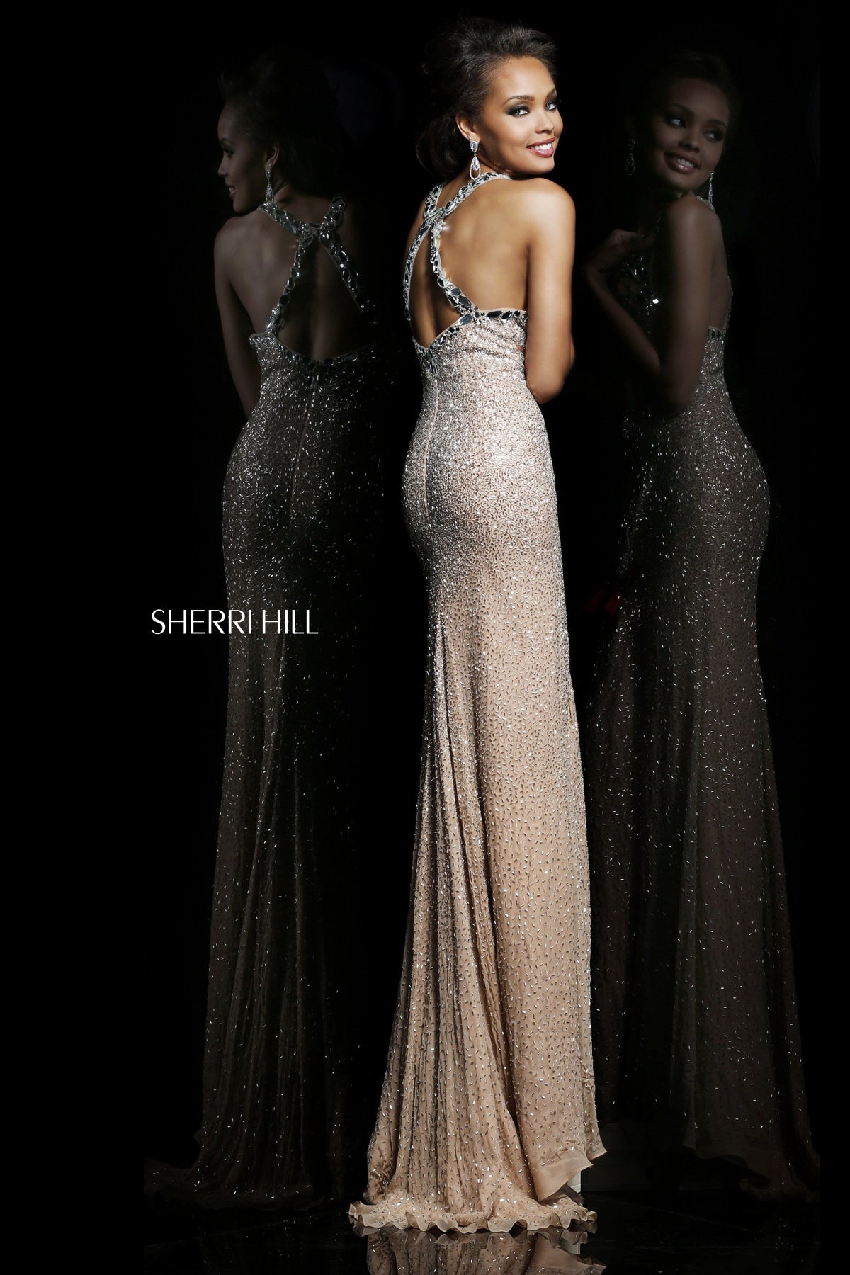 Sherri Hill 11095 beaded fitted gown in nude/silver