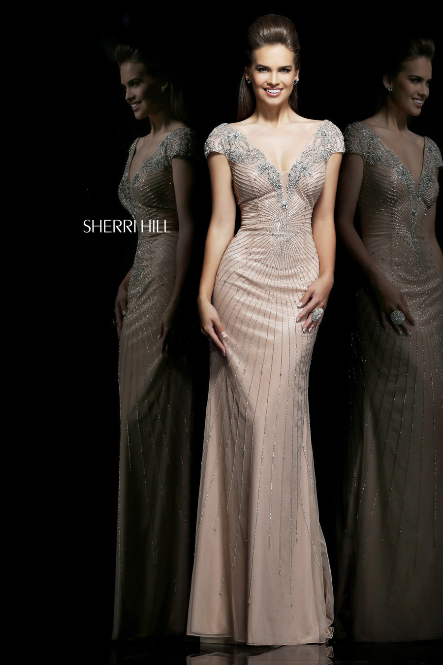 Sherri Hill style 11103 in nude/silver, Cap-Sleeve Beaded Fitted Gown
