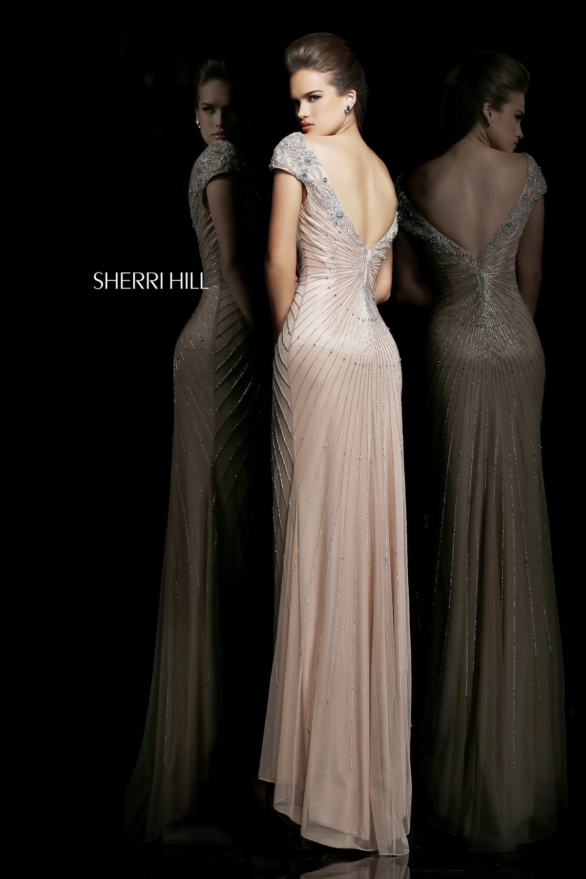 Sherri Hill 11103 cap-sleeve beaded fitted gown in nude/silver