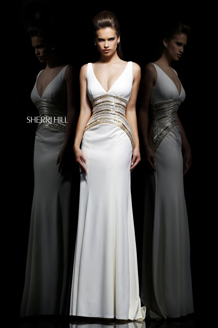 Sherri Hill style 11104 in white/gold, V-Neck Beaded Fitted Jersey Gown