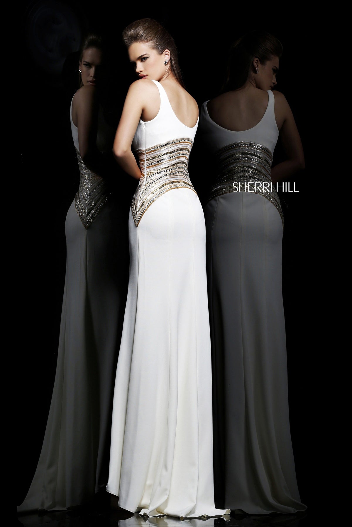 Sherri Hill 11104 V-neck beaded fitted jersey gown in white/gold