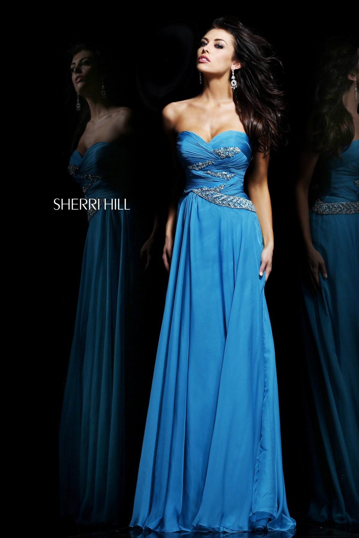 Sherri Hill 3881 sweetheart ruched chiffon gown in teal