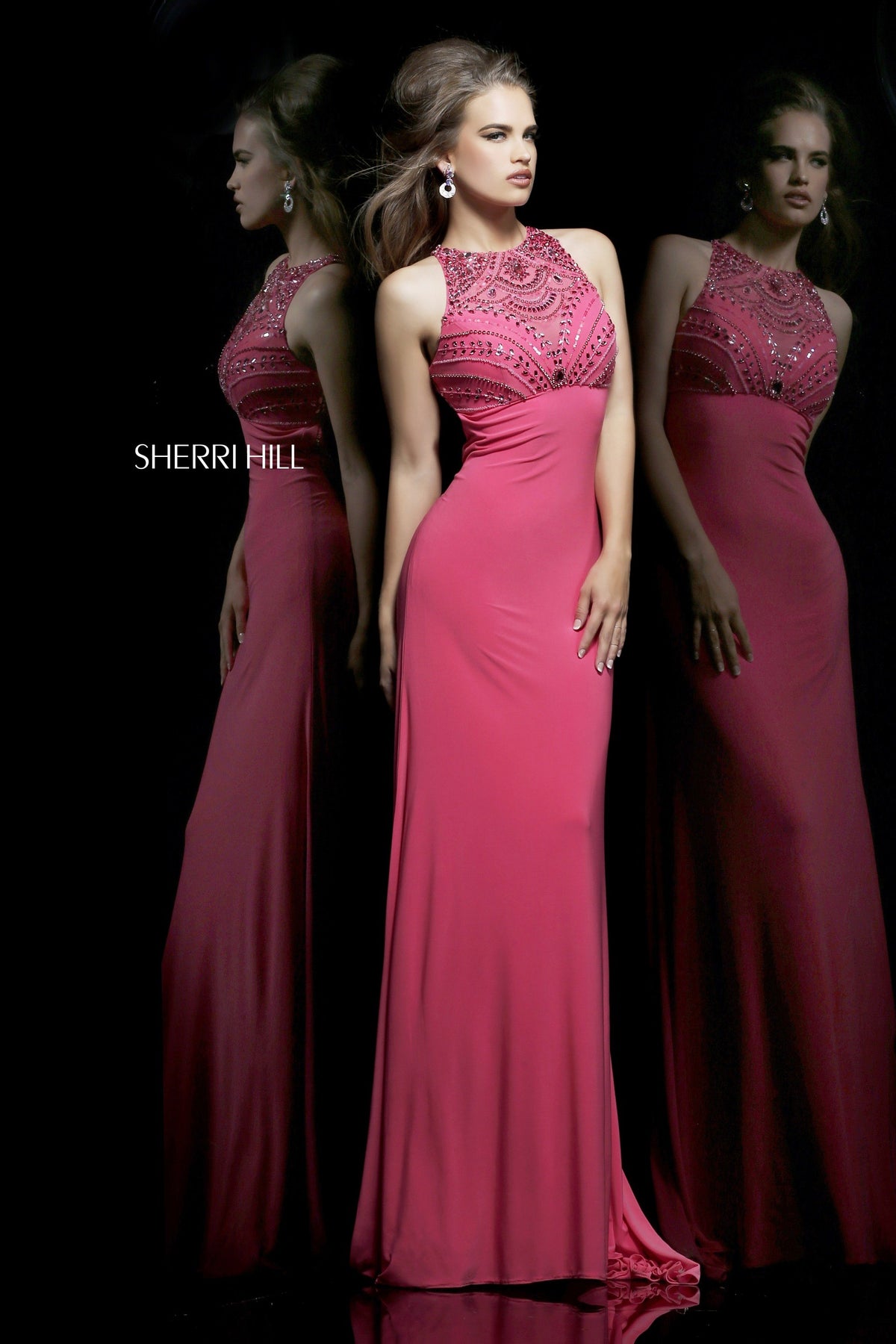 Sherri Hill 11106 high-neck fitted jersey gown with beaded bodice in coral