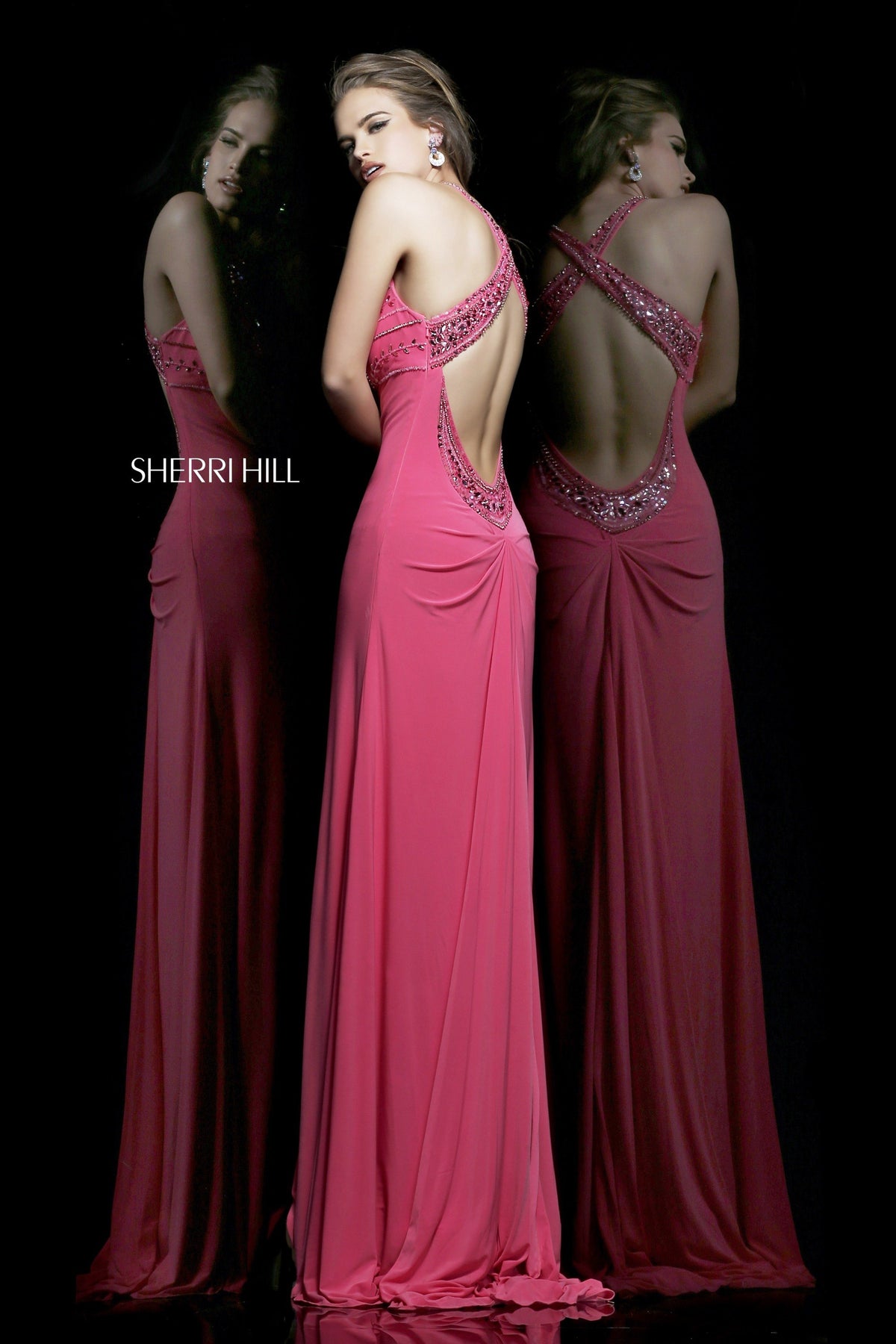 Sherri Hill 11106 high-neck fitted jersey gown with beaded bodice
