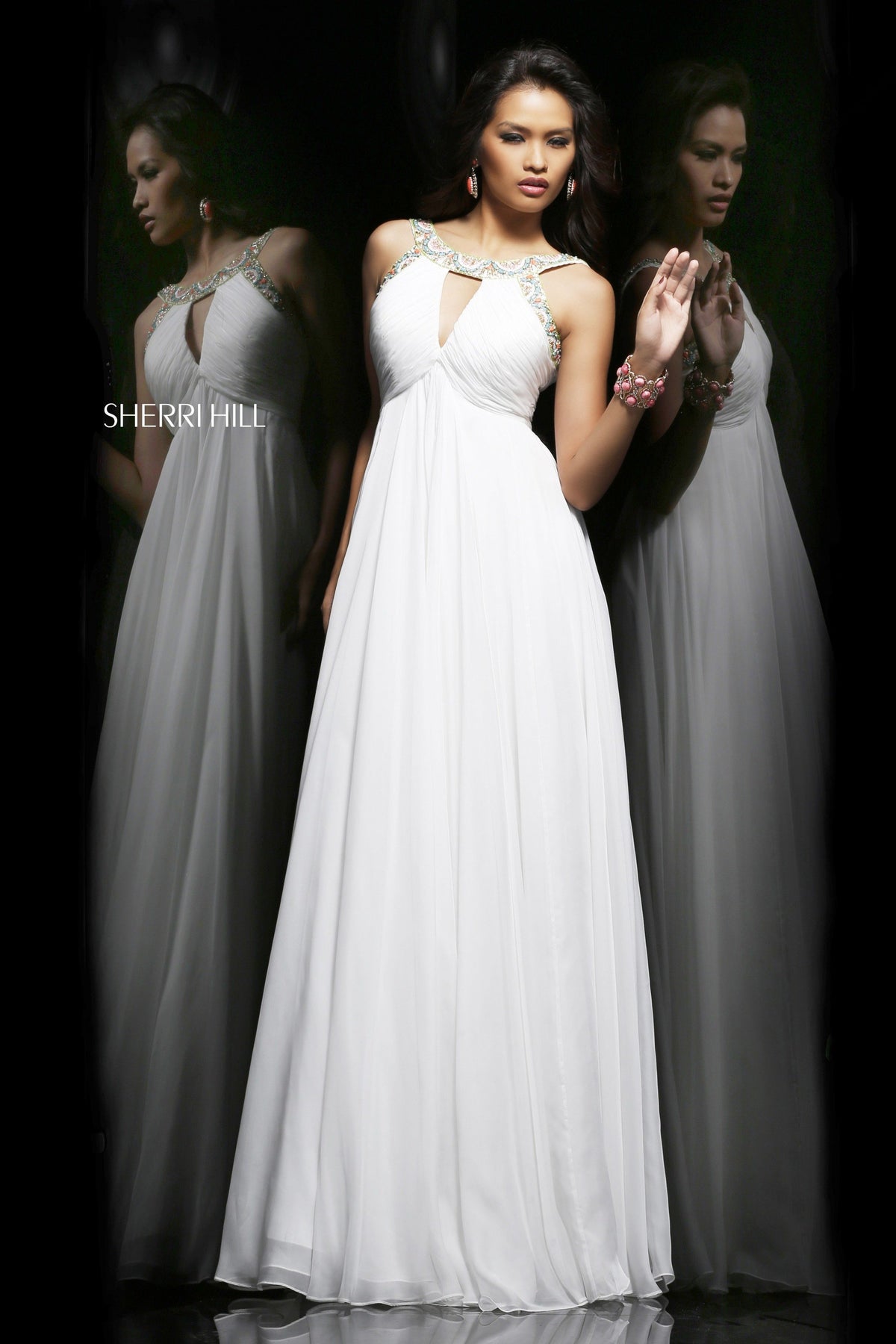 Sherri Hill 11109 halter chiffon gown with beaded keyhole neckline in white/multi