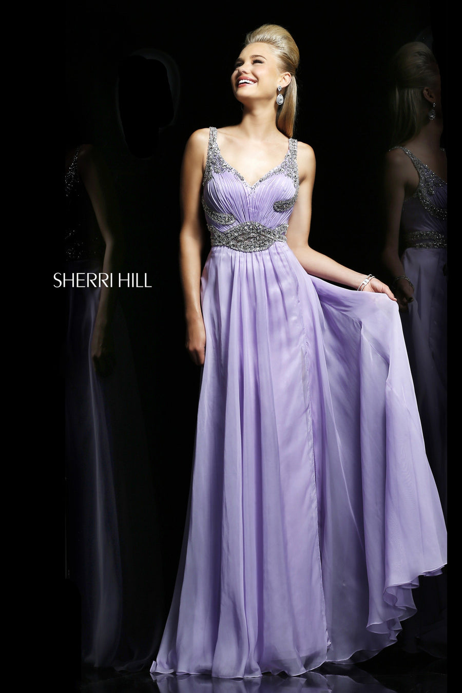 Sherri Hill style 3896 in light purple, V-Neck Beaded Chiffon Gown