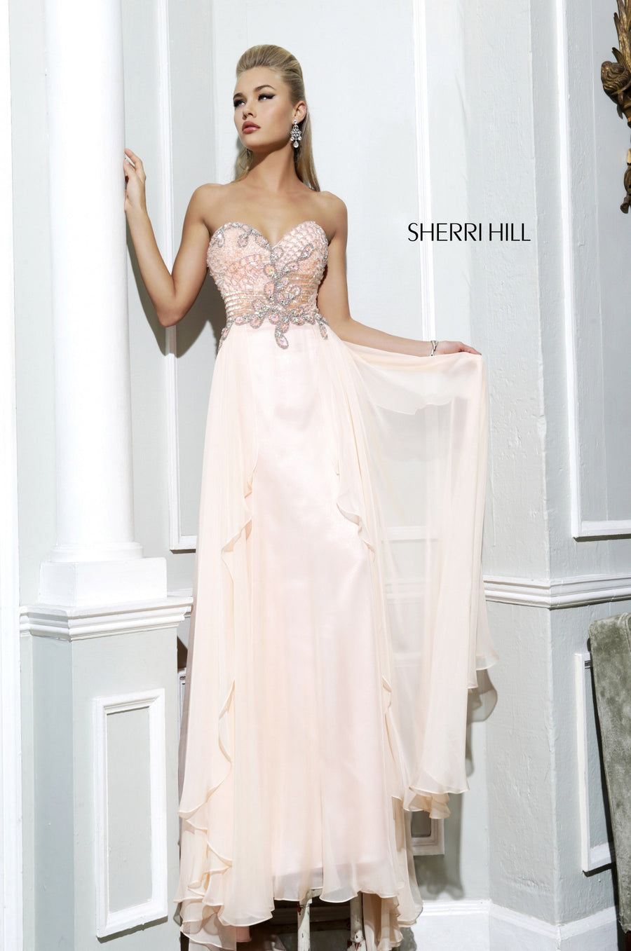 Sherri Hill style 3895 in light aqua, Strapless Beaded Chiffon Gown