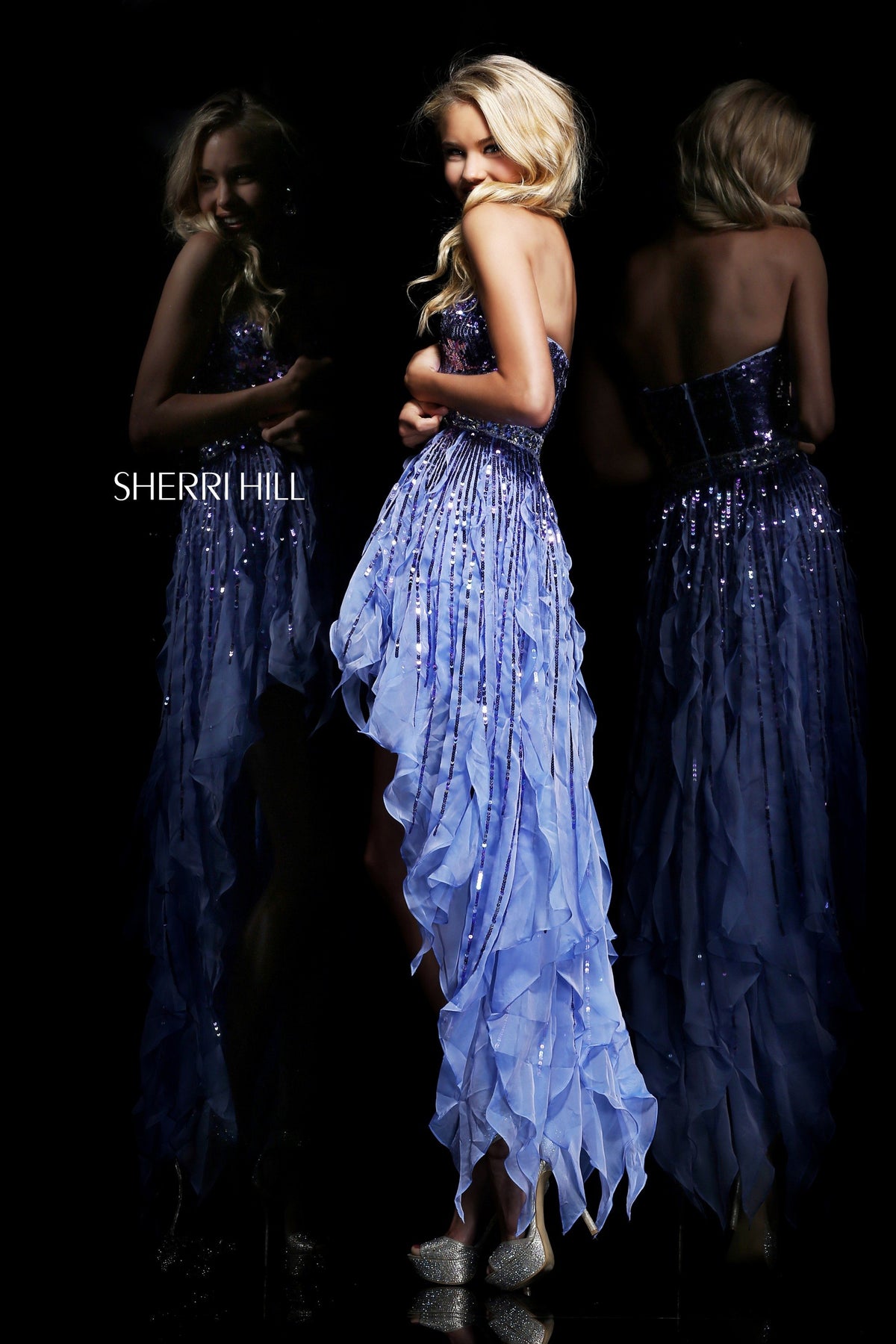Sherri Hill 1922 strapless beaded high-low dress with feather skirt