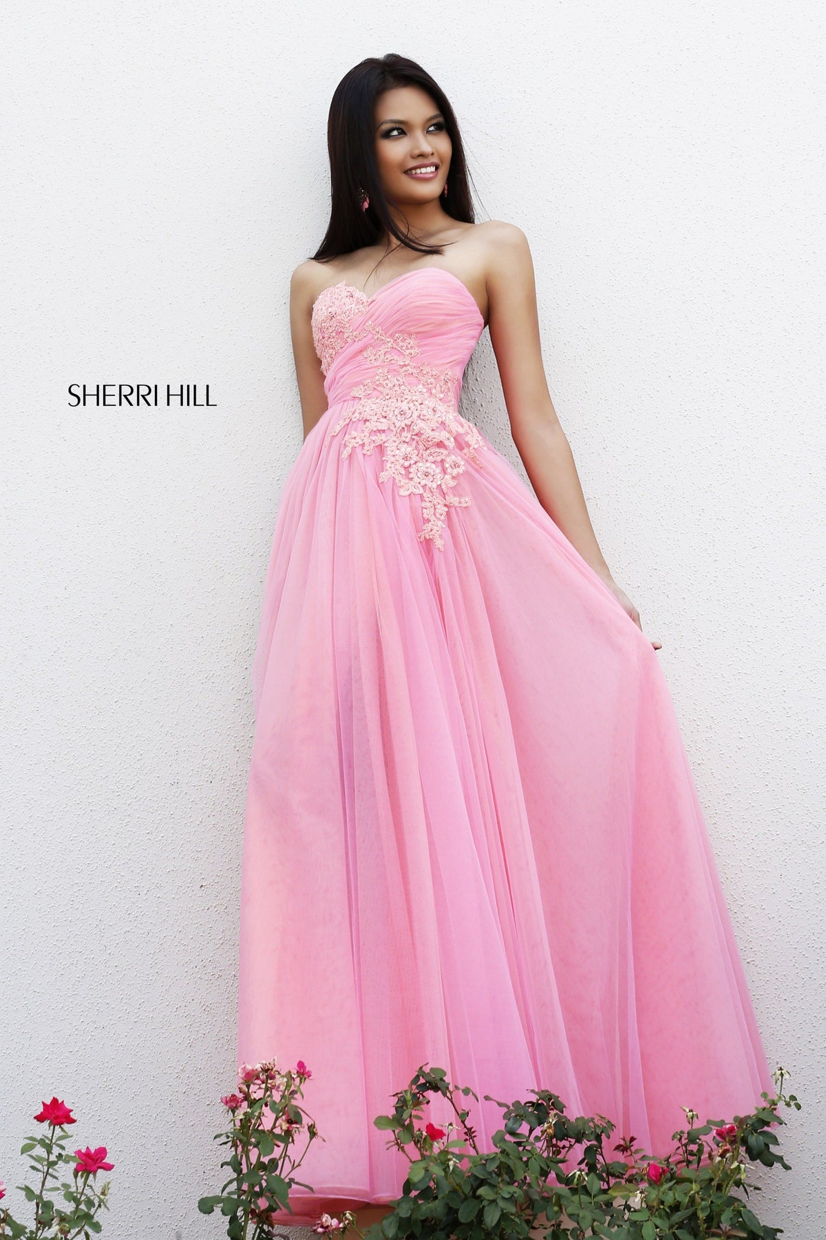Sherri Hill 11114 strapless beaded tulle gown in pink/peach