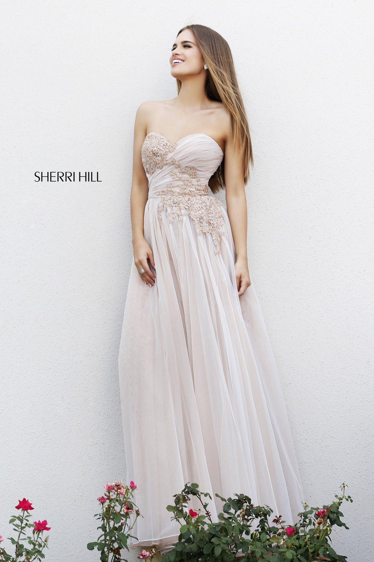 Sherri Hill 11114 strapless beaded tulle gown in ivory/nude