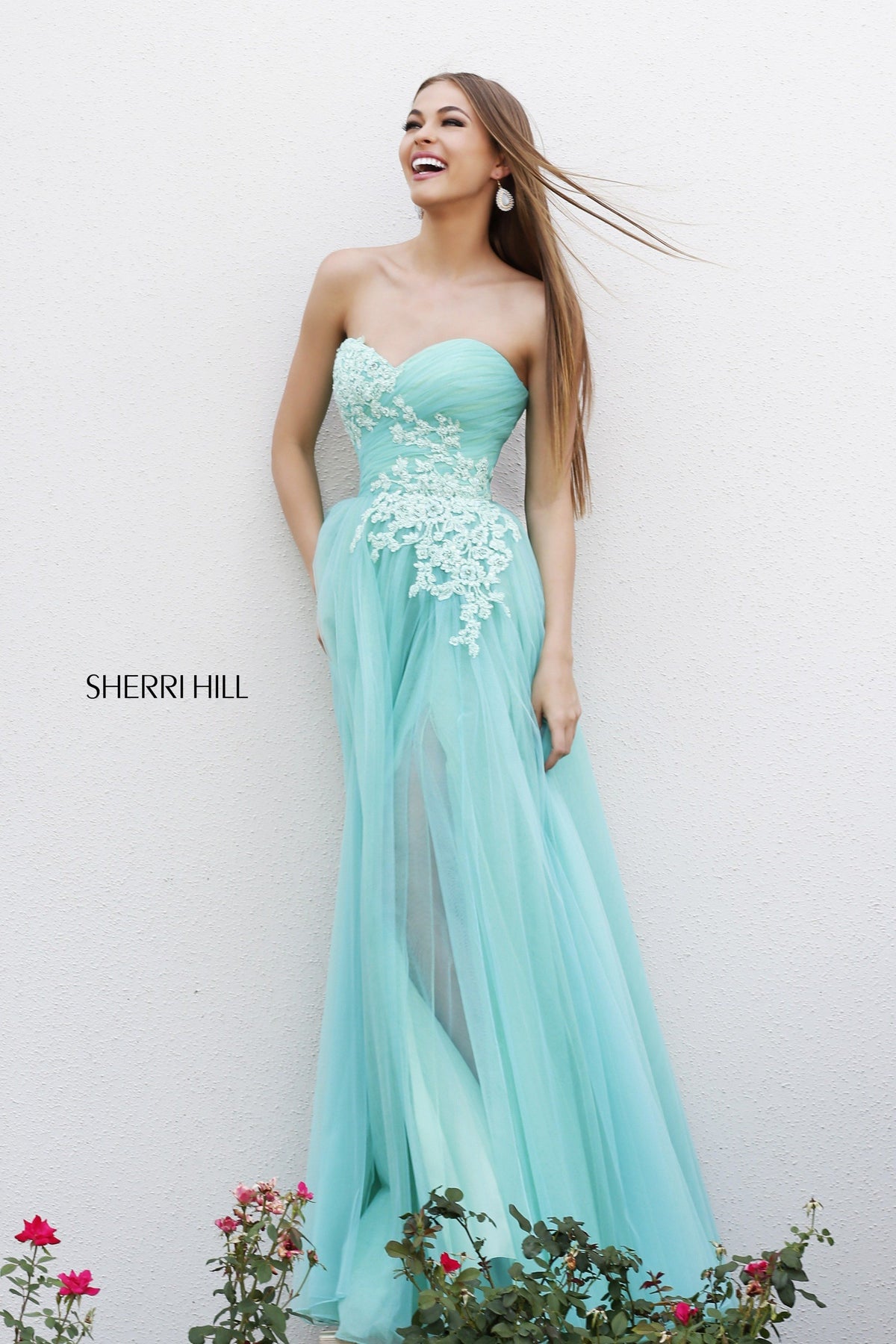 Sherri Hill 11114 strapless beaded tulle gown in blue/green