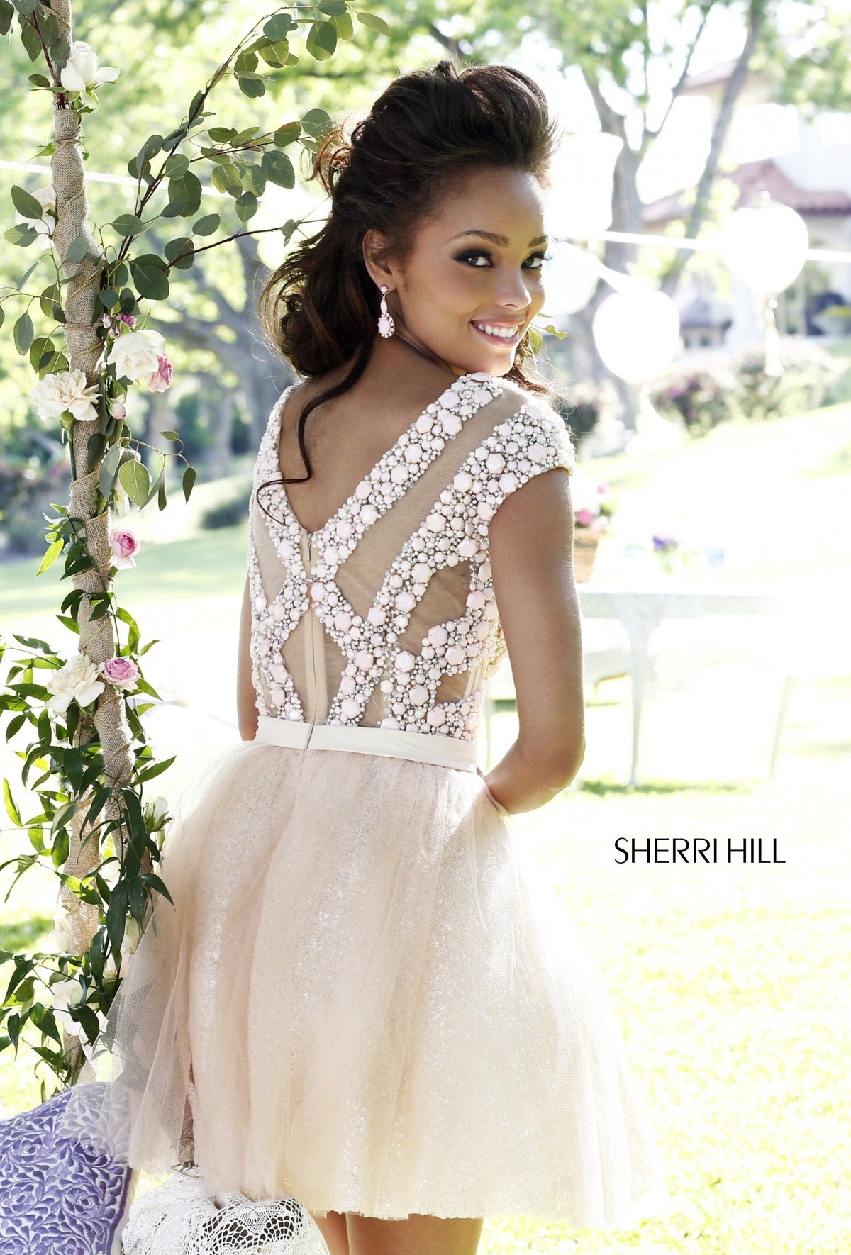 Sherri Hill 4301 cap-sleeve beaded cocktail dress in blush