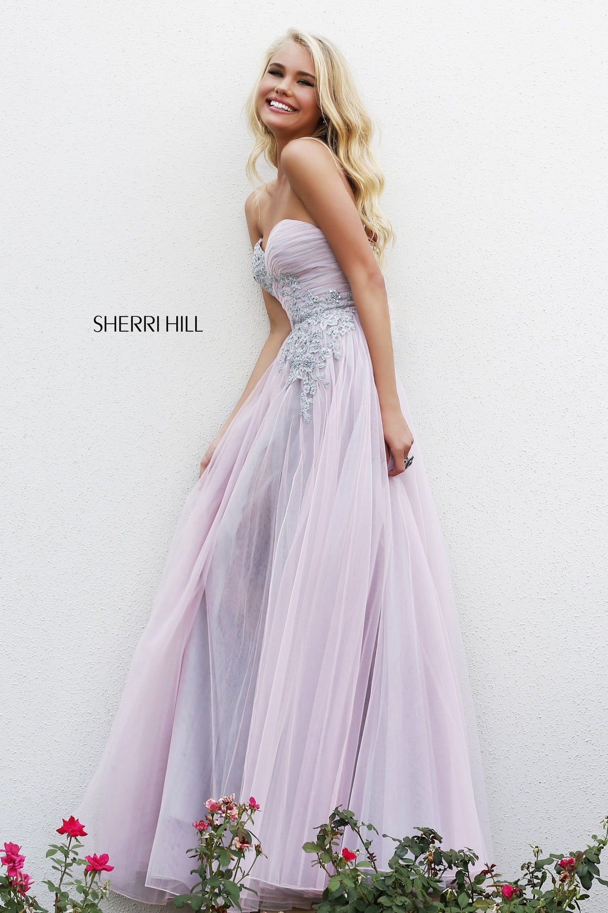 Sherri Hill 11114 strapless beaded tulle gown in pink/silver