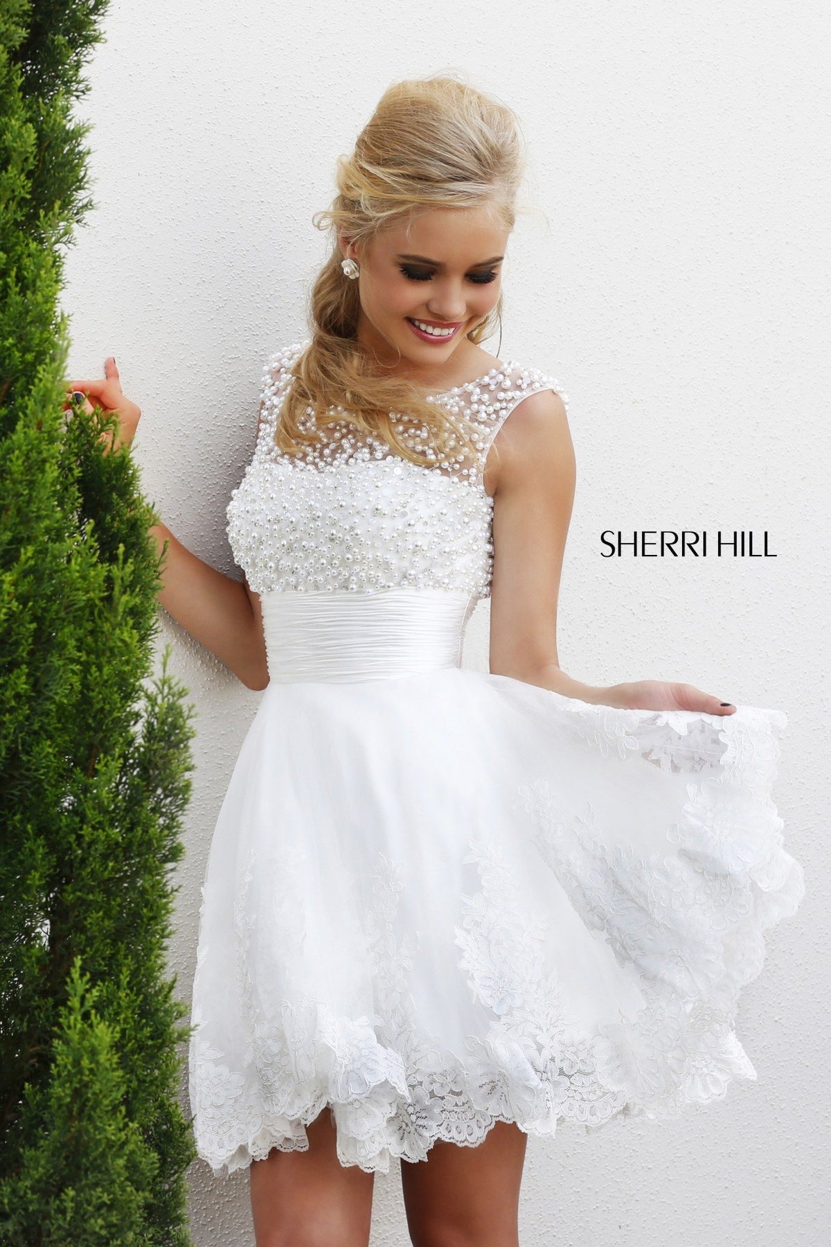 Sherri Hill 4302 lace cocktail dress with full skirt in white