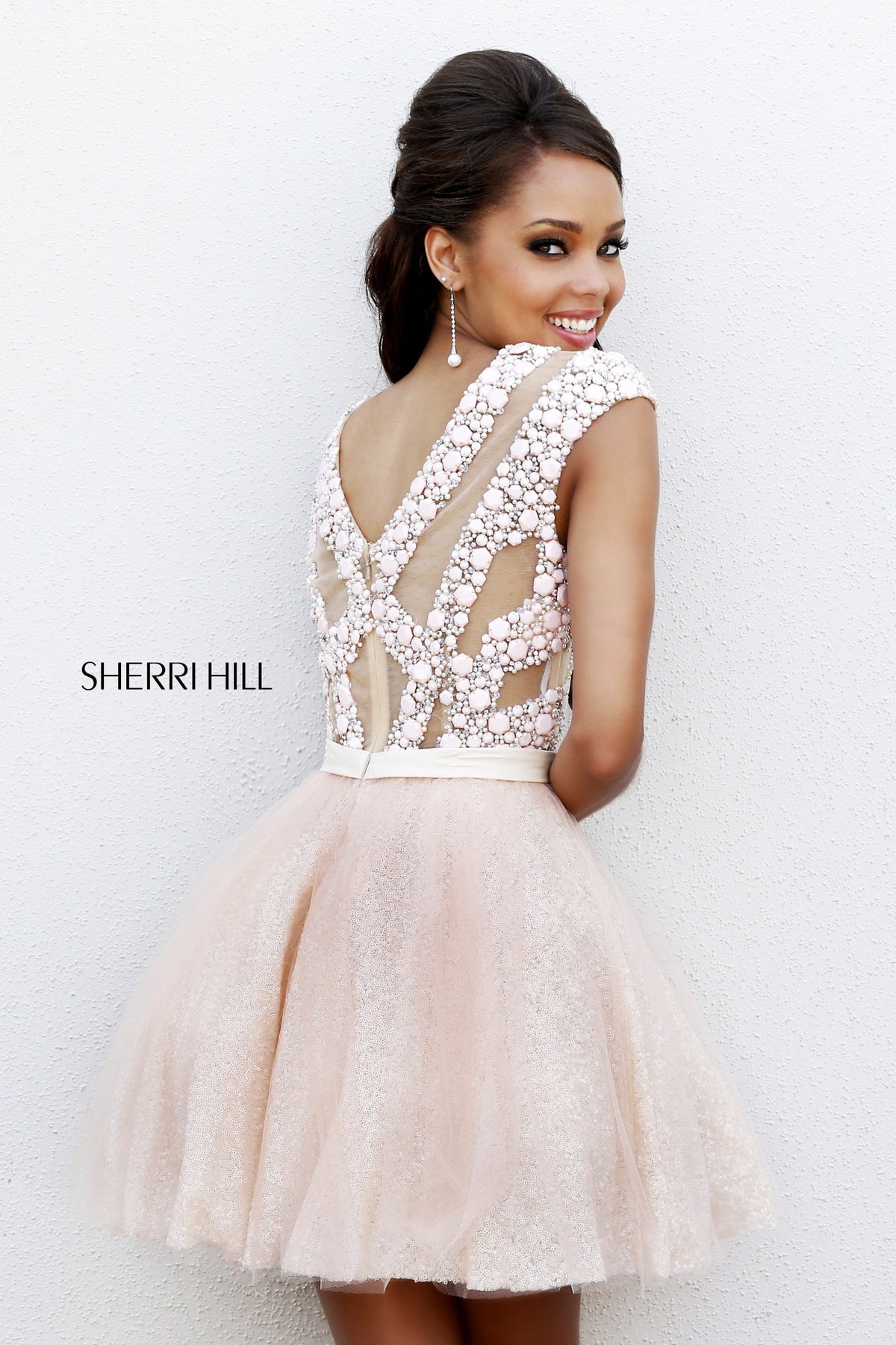 Sherri Hill 4301 cap-sleeve beaded cocktail dress in blush