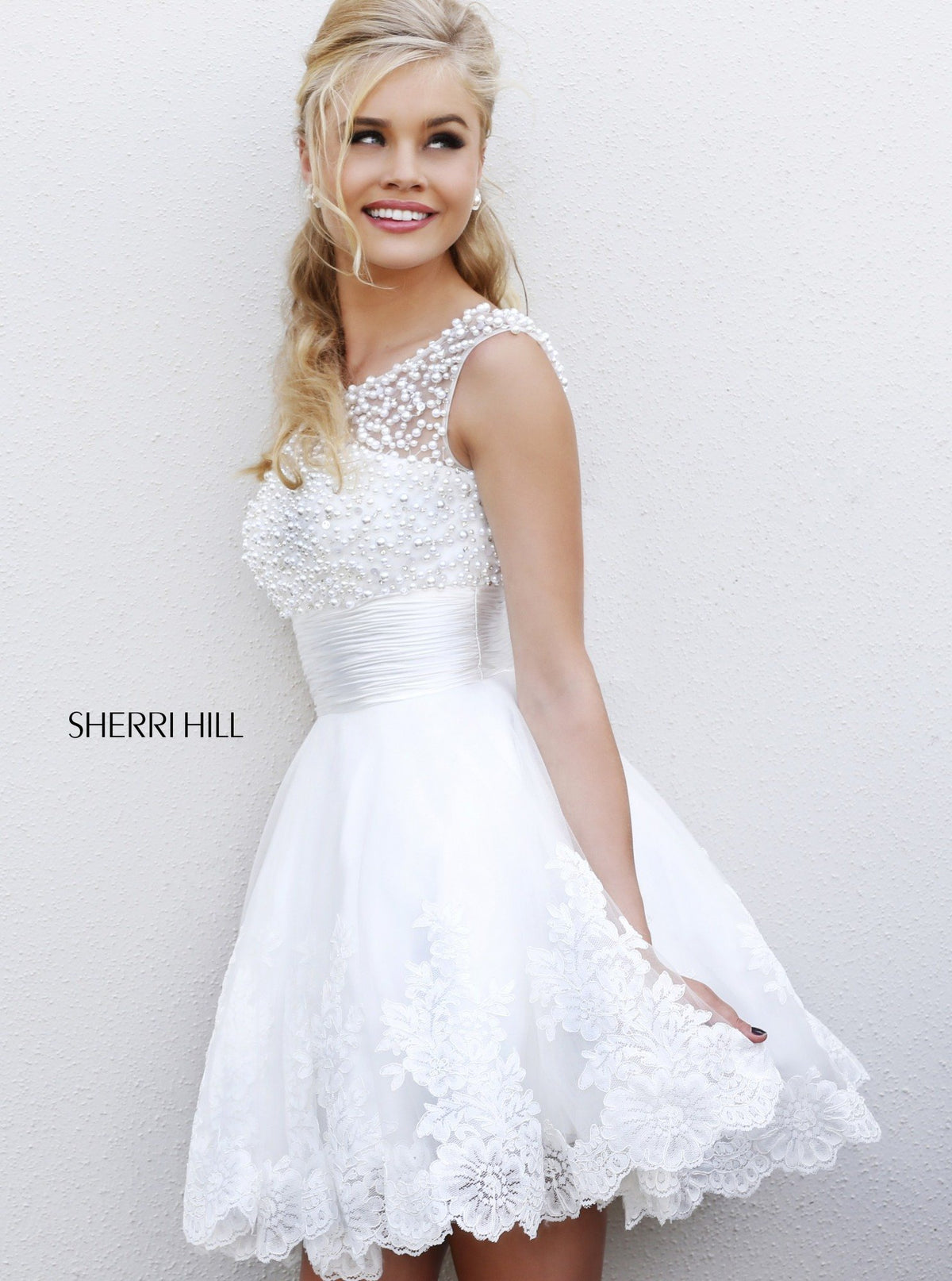 Sherri Hill 4302 lace cocktail dress with full skirt in white