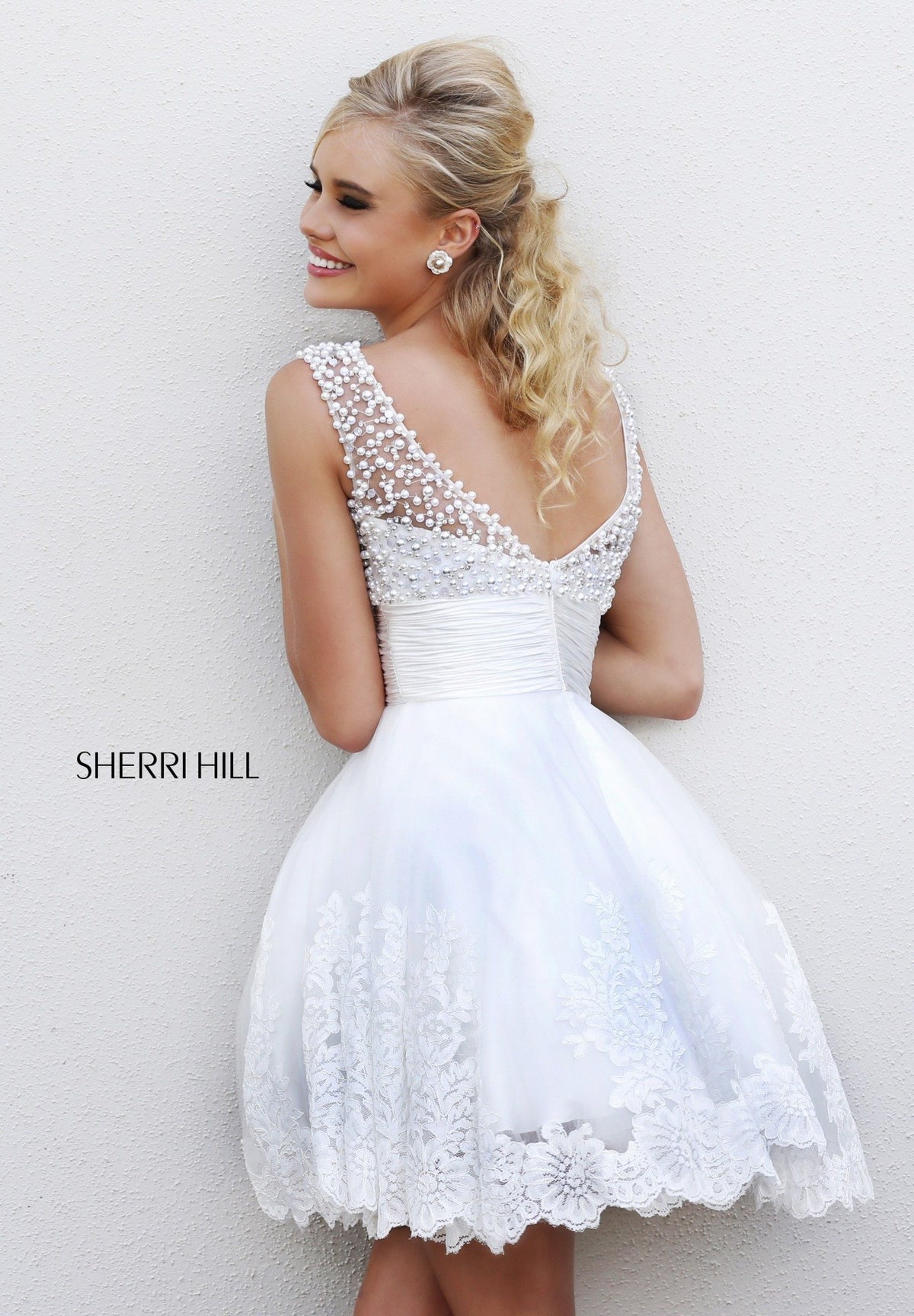 Sherri Hill 4302 lace cocktail dress with full skirt in white
