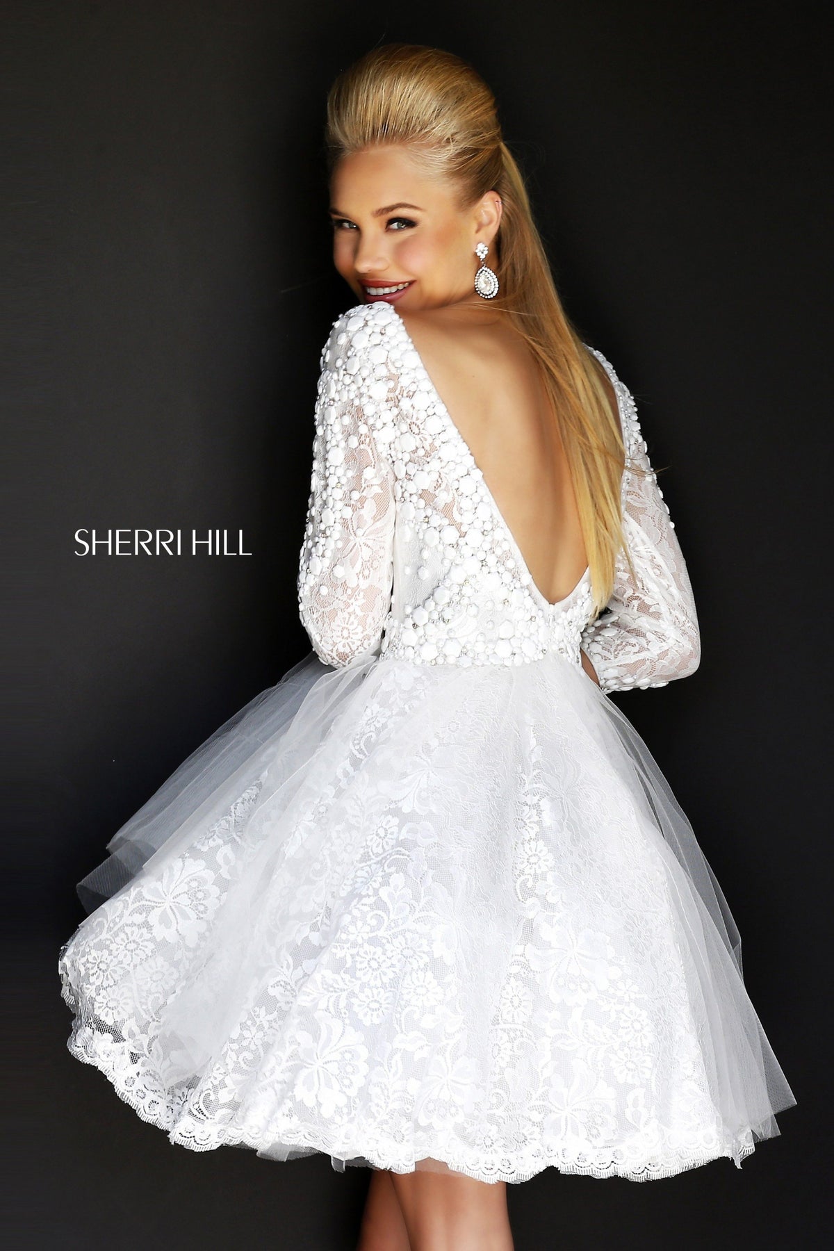Sherri Hill 4303 three-quarter sleeve lace cocktail dress in ivory